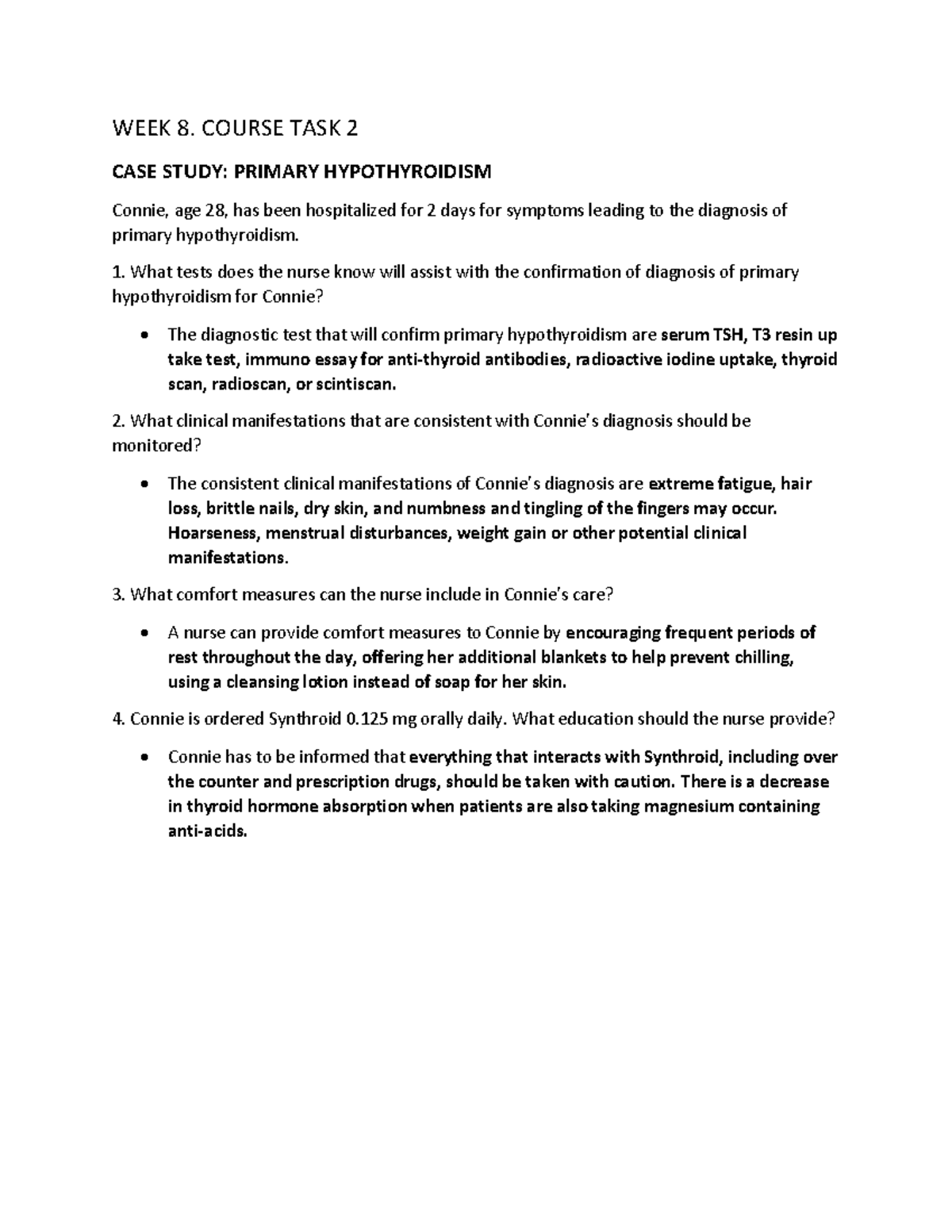 WEEK 8: CASE STUDY ON PRIMARY HYPOTHYROIDISM - TASK 2 - Studocu