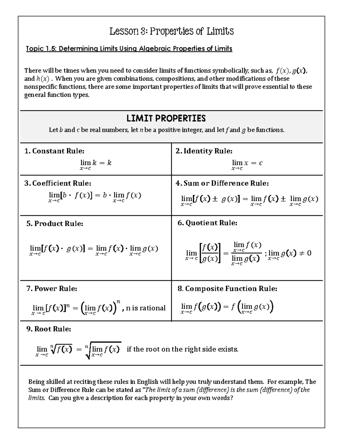 AP Calculus BC - Lesson 3: Properties of Limits Worksheet Notes - Studocu