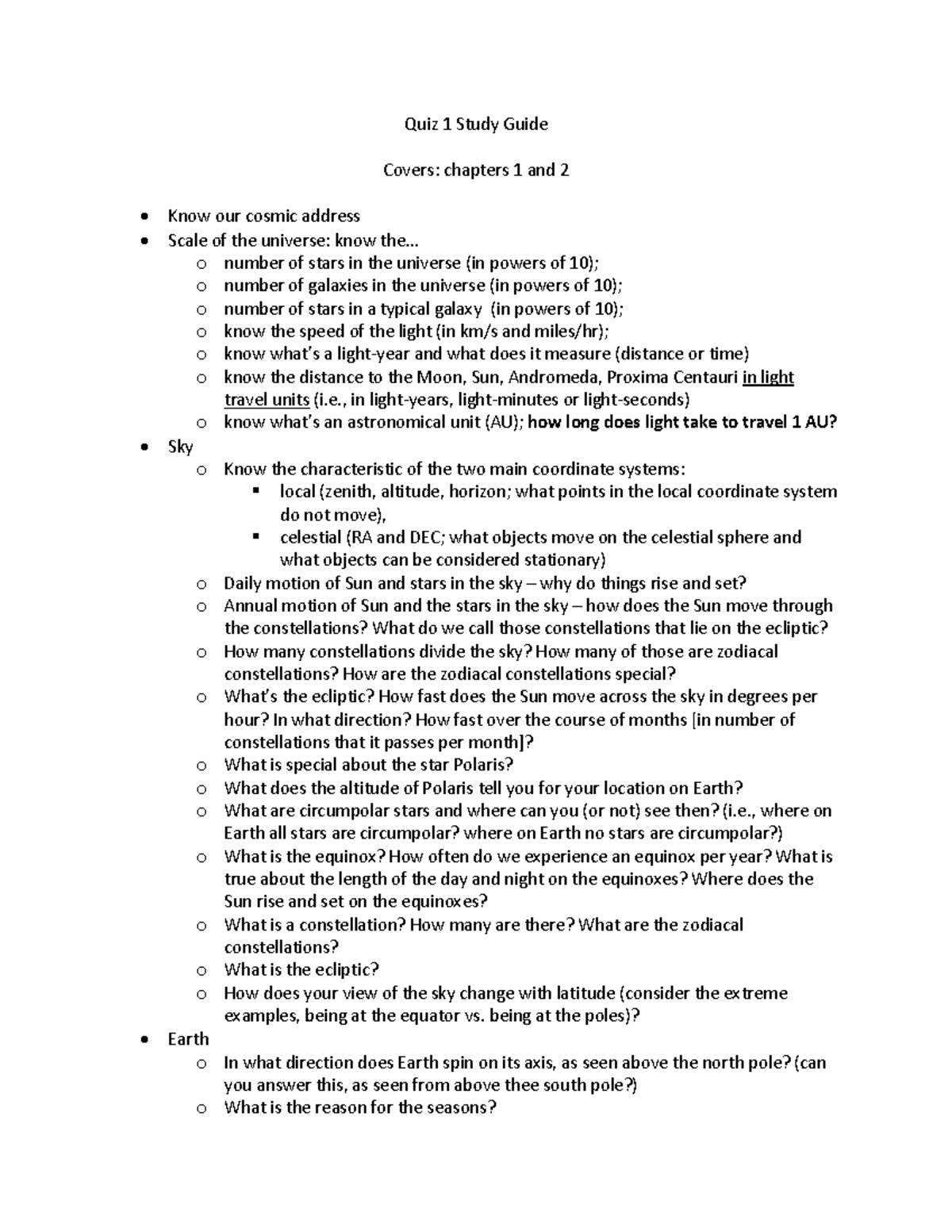 AST Quiz 1 Study Guide: Cosmic Address & Sky Motion Concepts - Studocu