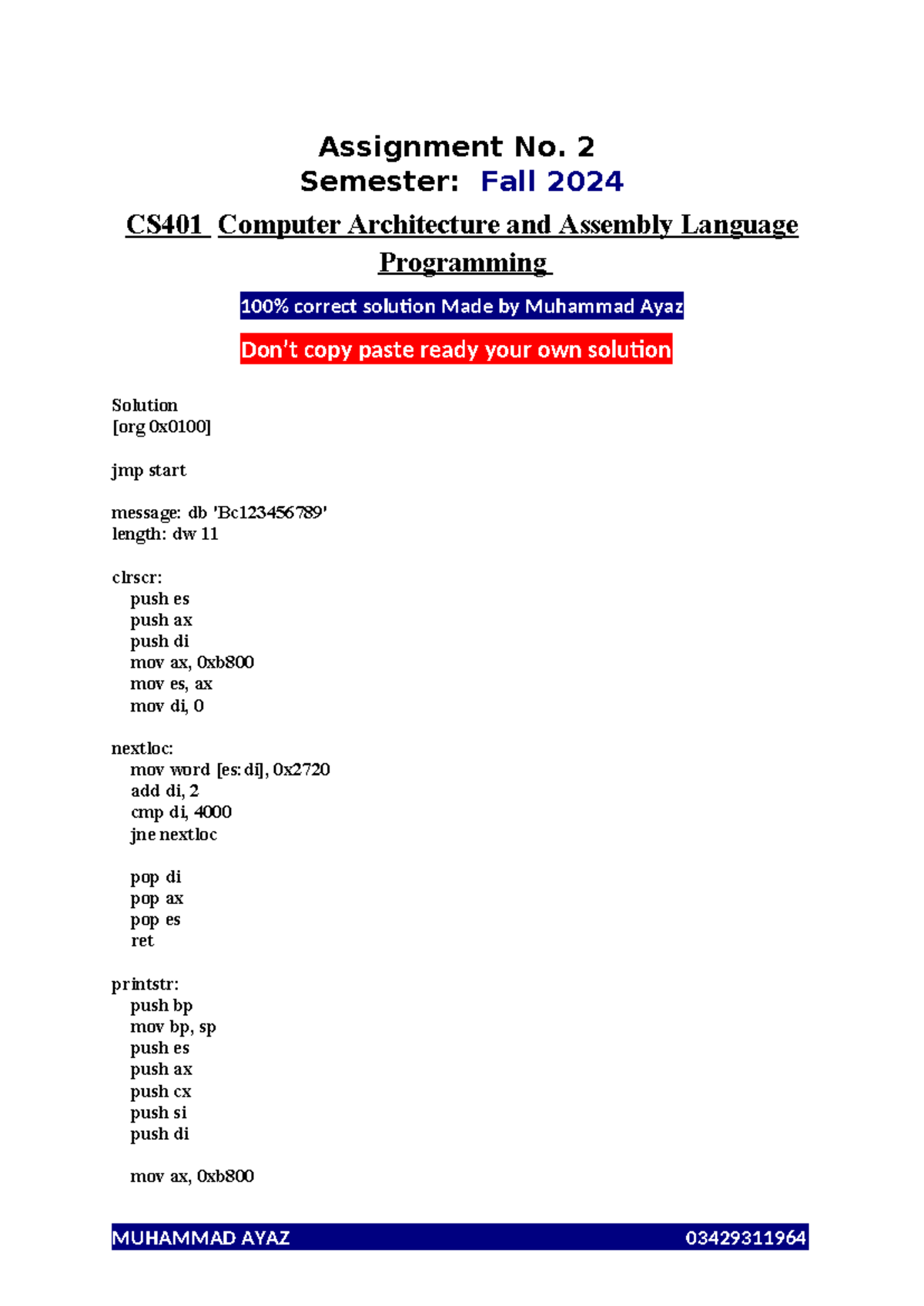 CS401 Assignment 2: 100% Correct Solution - Fall 2024 - Studocu