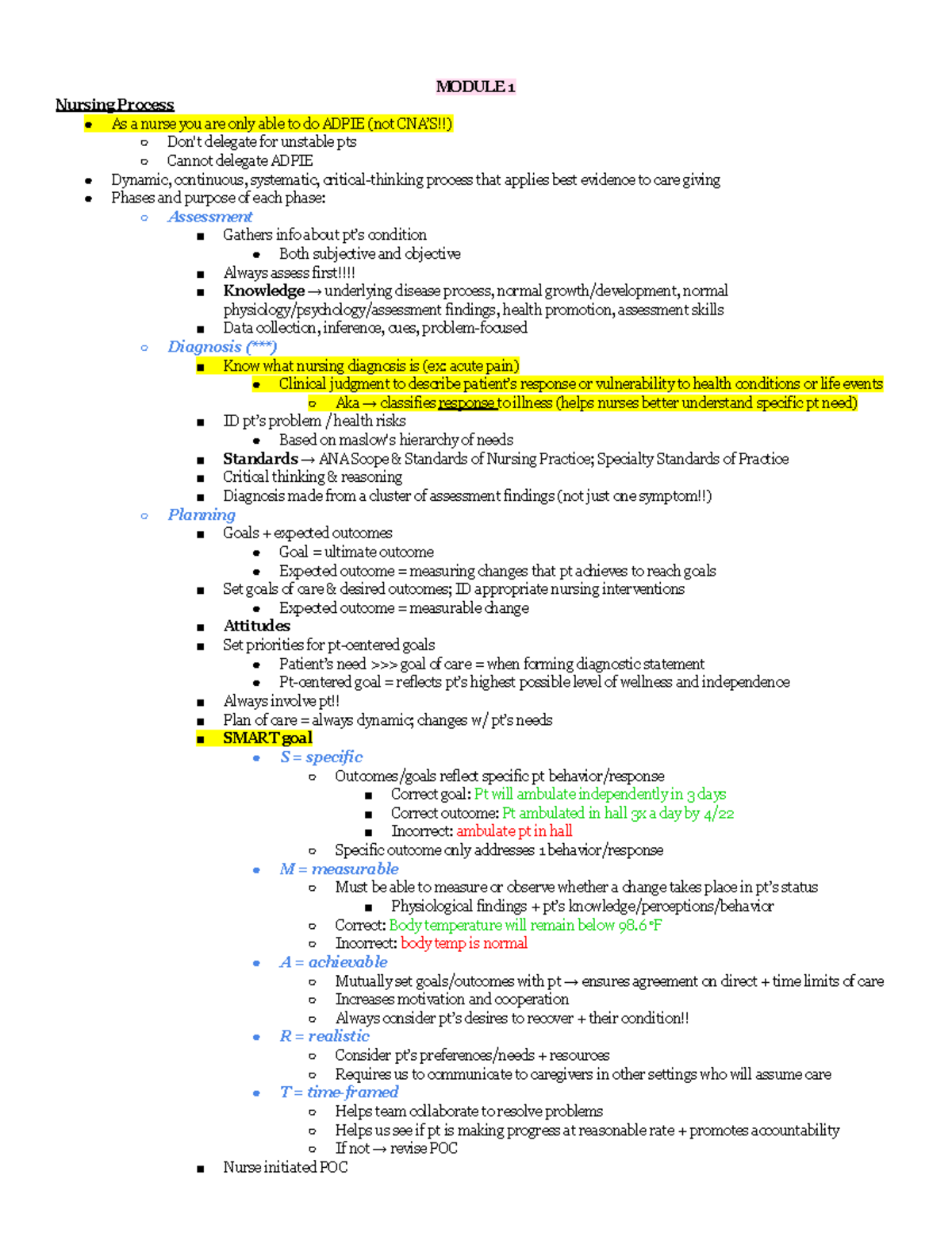 Nursing Fundamentals and Health Assessment - MODULE 1 Nursing Process ...
