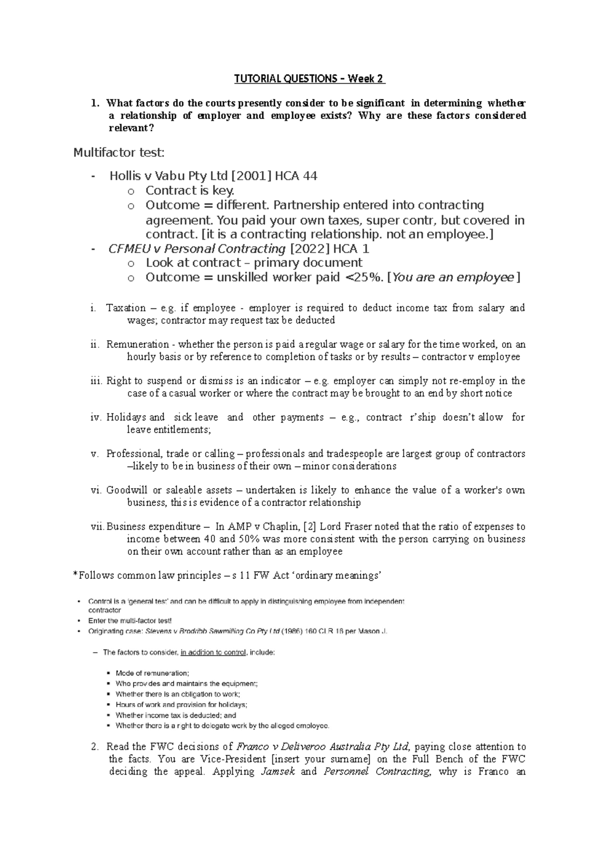 Tutorial 2 - Employment Relationship Factors and Case Analysis - Studocu