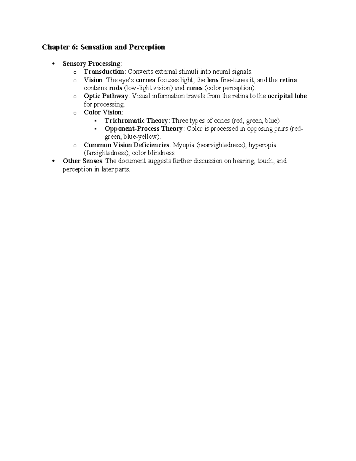 Chater 6 note - note - Chapter 6: Sensation and Perception Sensory ...