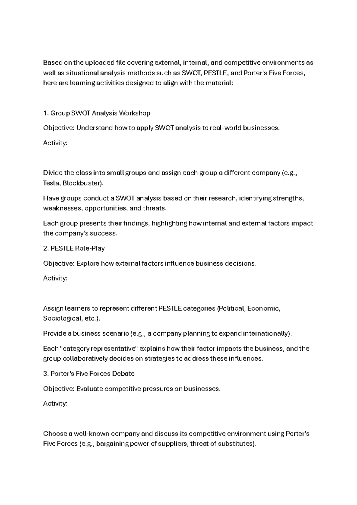 Situational Analysis Activities: SWOT, PESTLE & Porter’s Forces Methods ...