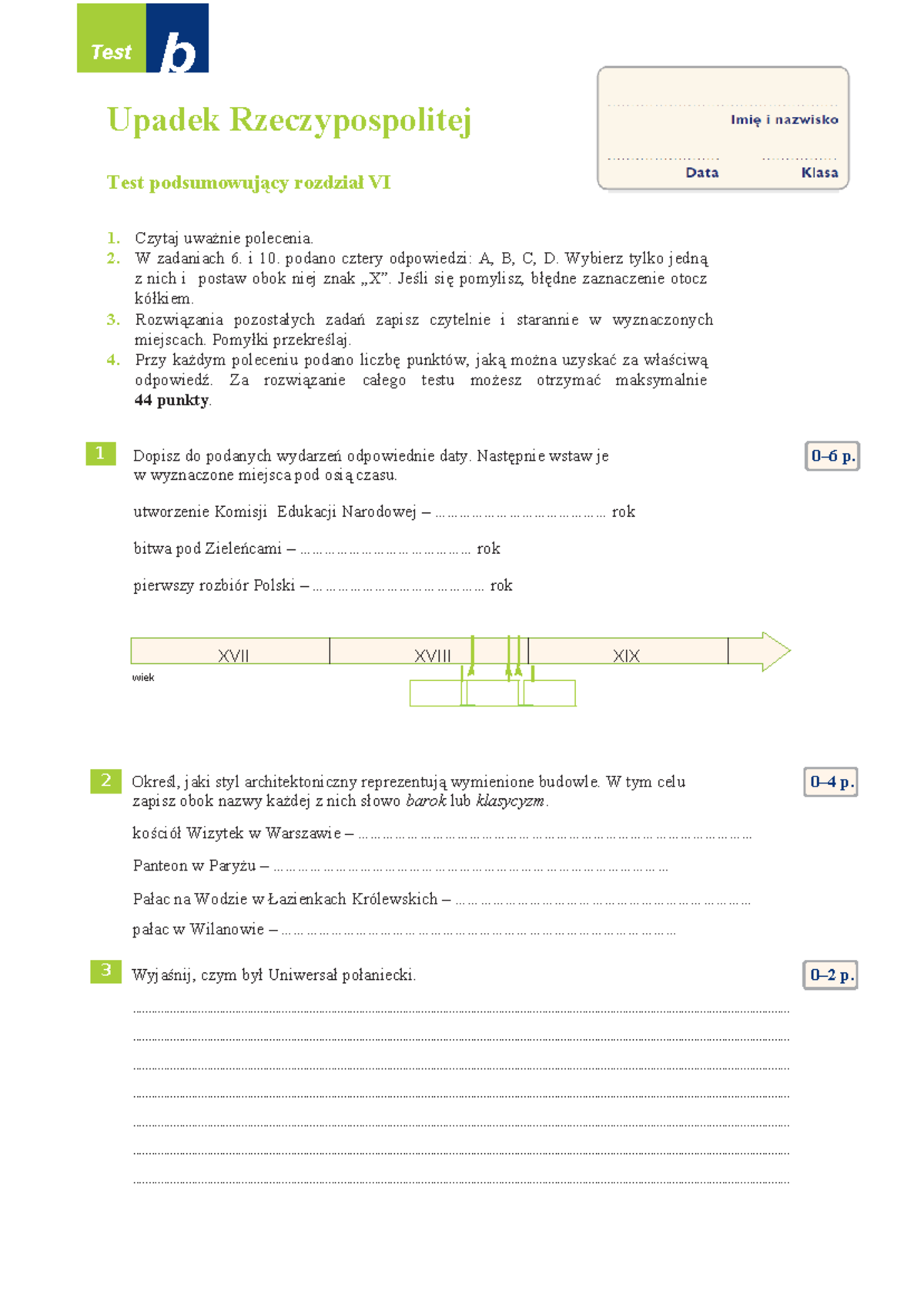 Test R VI B - Historia klasa 5, rozdział 4 - Sprawdzian Podsumowujący ...
