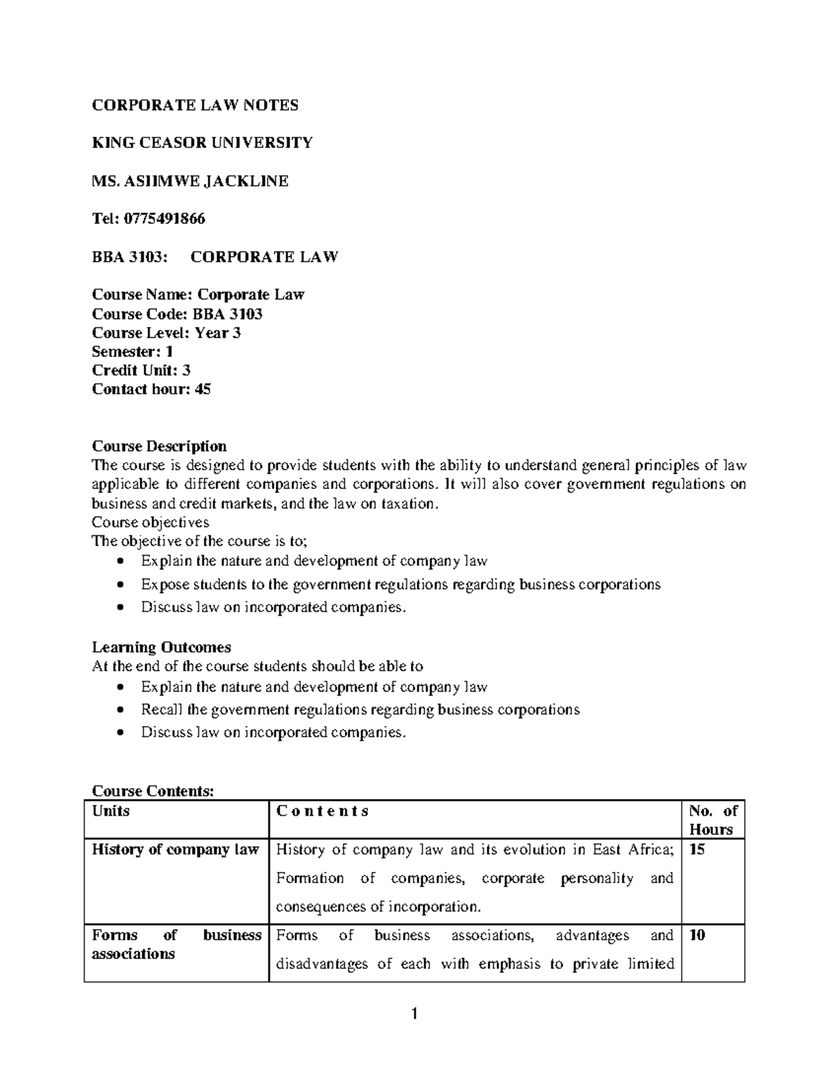 KCU BBA 3103: Corporate Law Final Exam Notes 2022 - Studocu