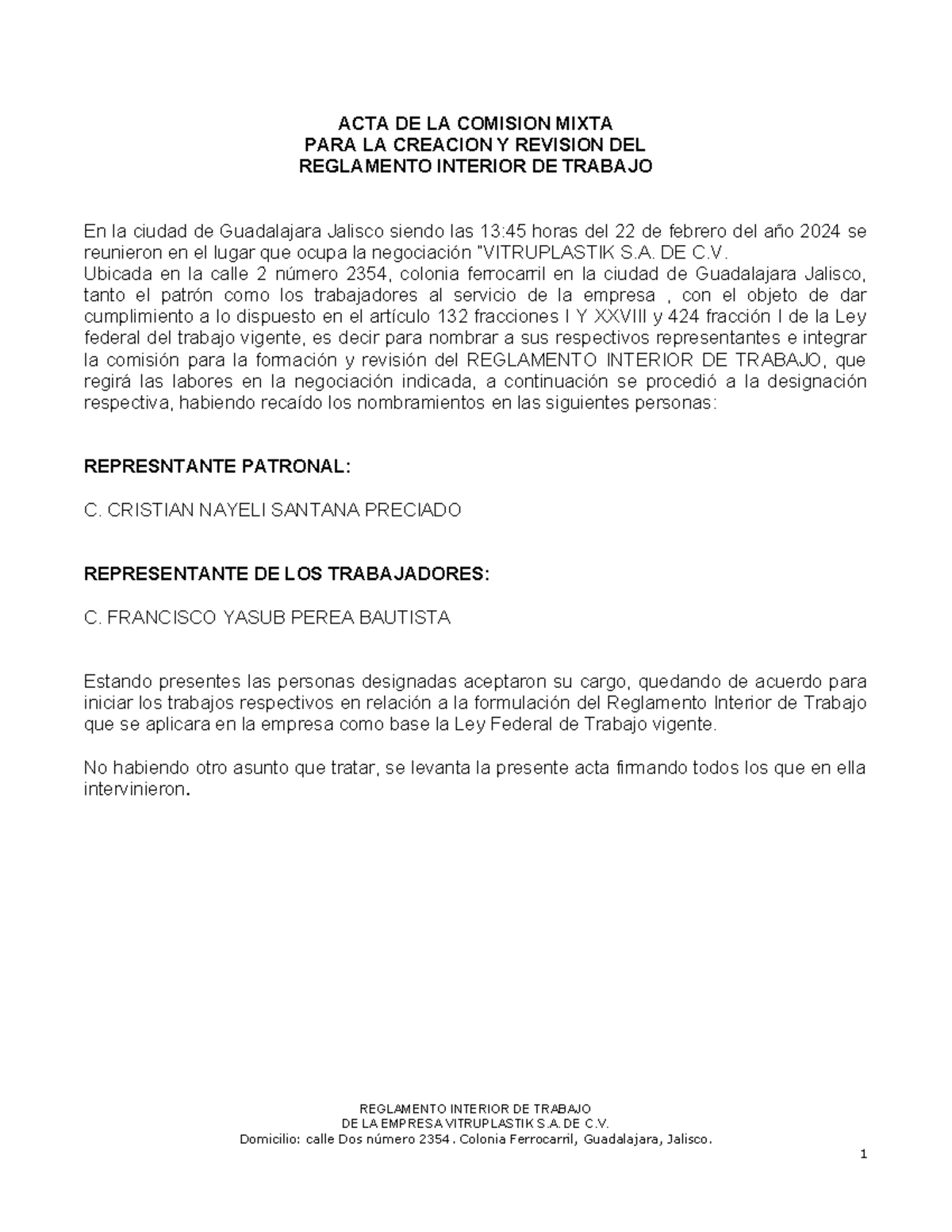 Reglamento Vitruplastik Y Comision Mixta DEL Mismo 2025doc - ACTA DE LA ...