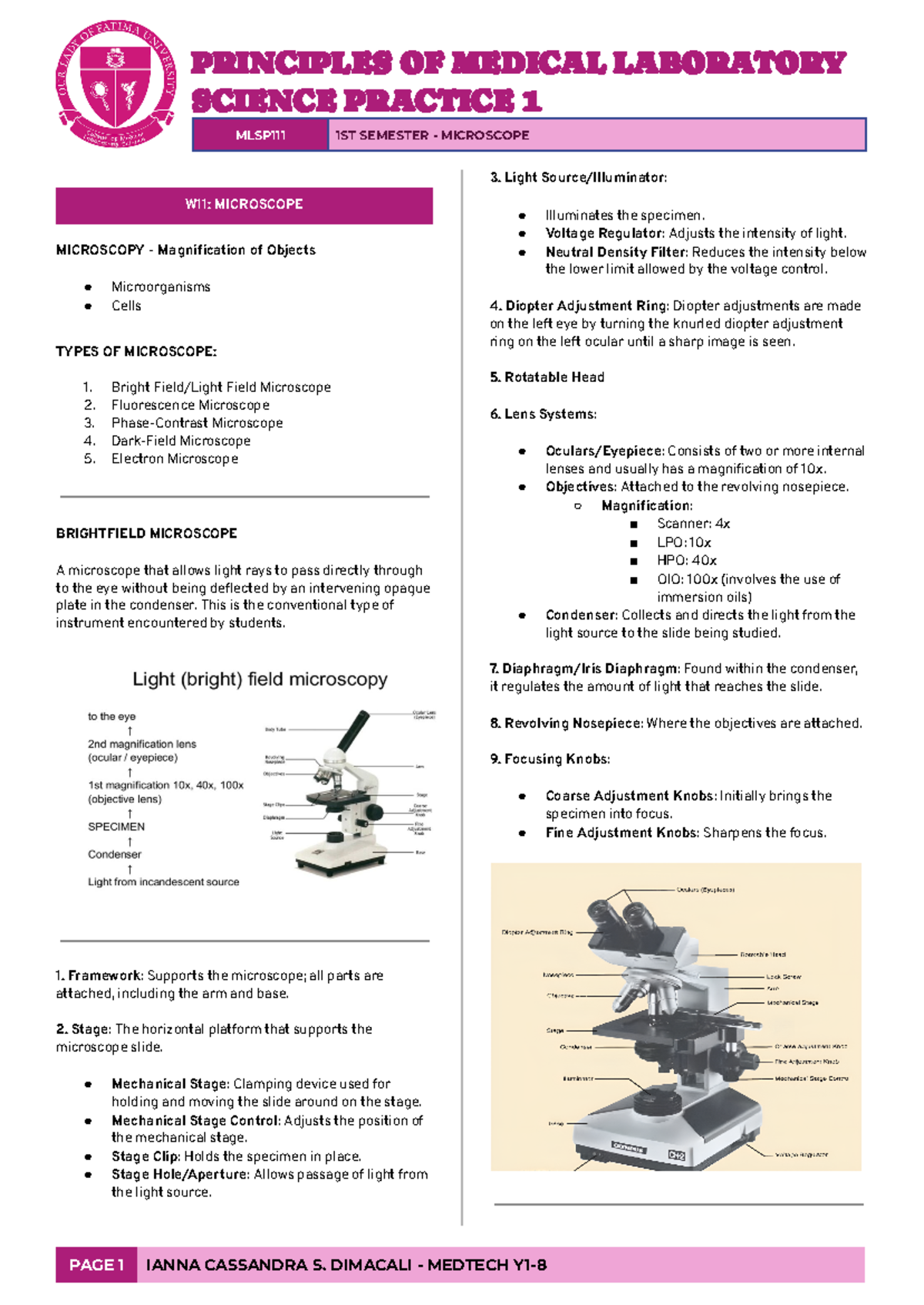 MLSP W11 Microscope - MLSP - PRINCIPLES OF MEDICAL LABORATORY SCIENCE ...
