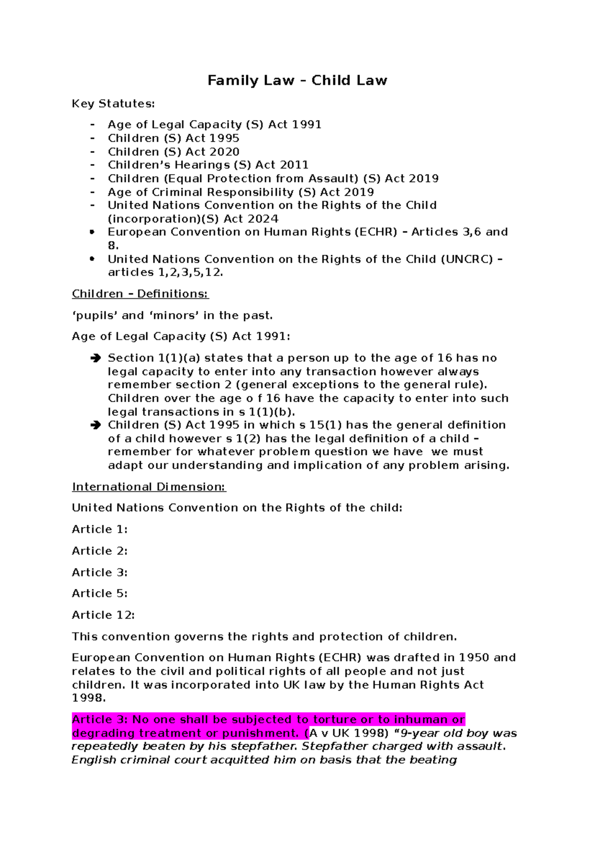 Family Law (FL100) Revision: Key Statutes on Child Law - Studocu