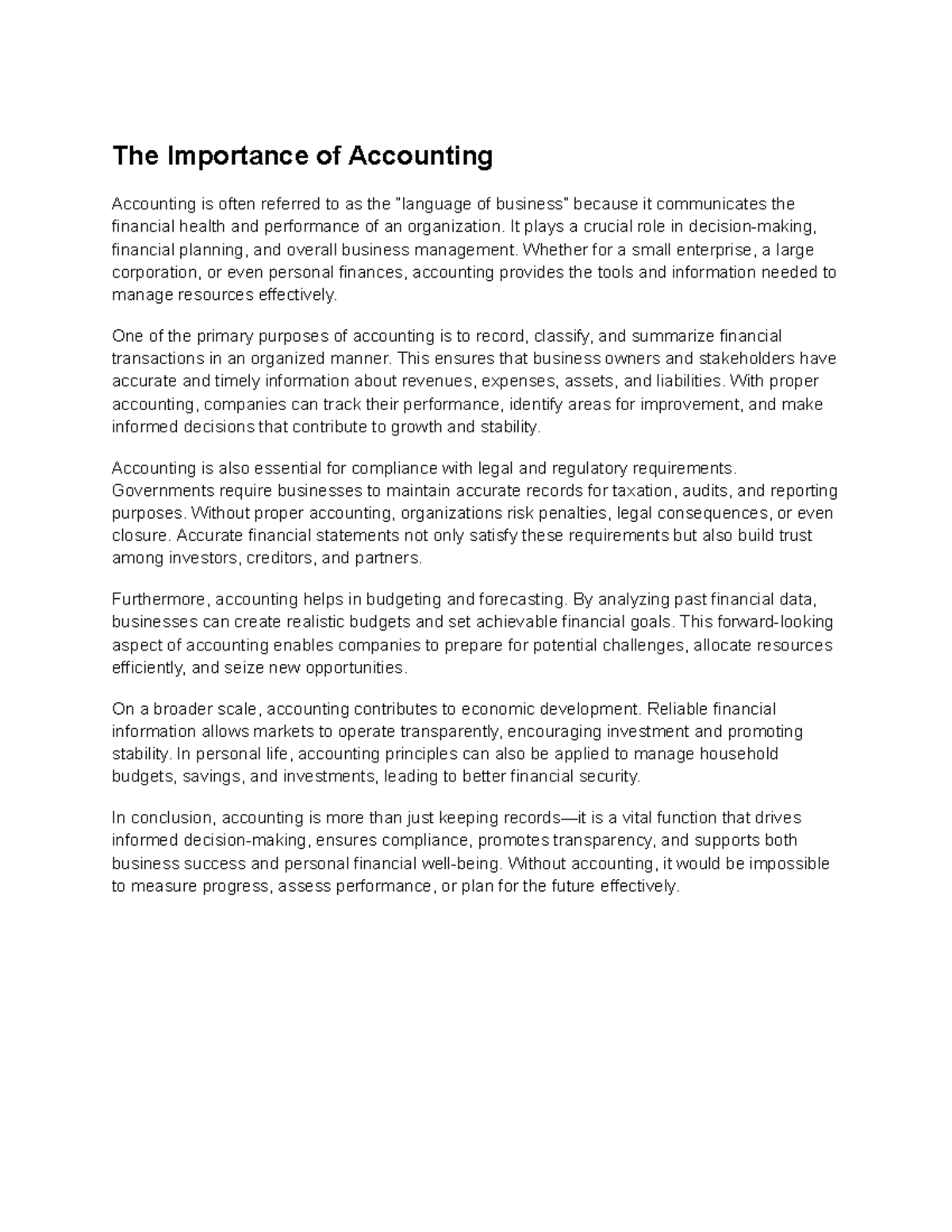 The Importance of Accounting: A Key to Financial Success - Studocu