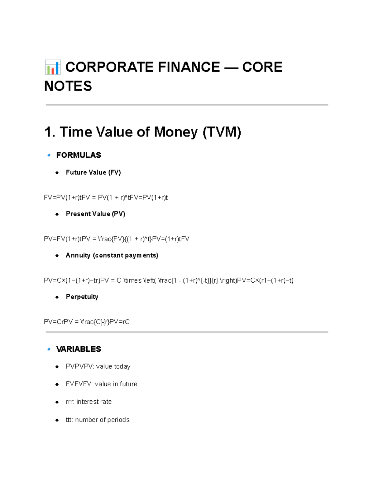 Corporate Finance Core Notes: Time Value of Money & Key Concepts - Studocu