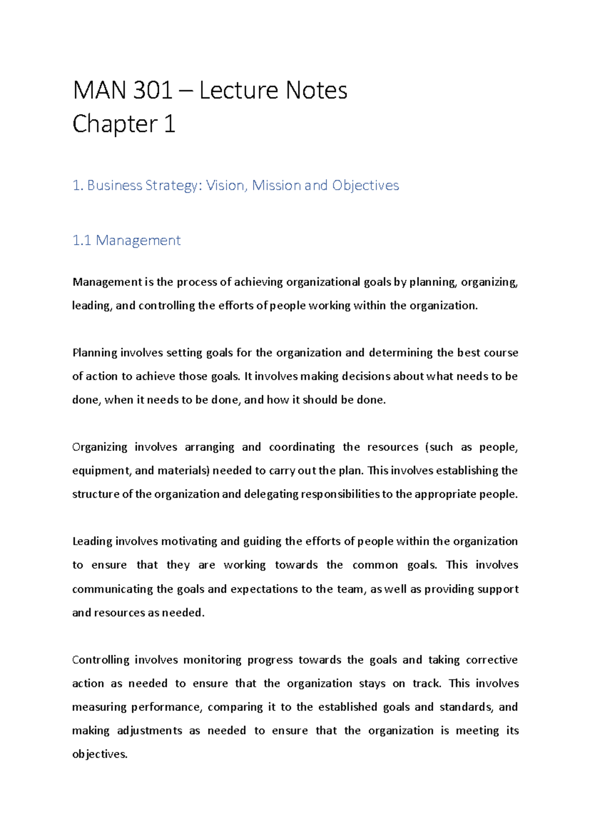 MAN 301 - Chapter 1 Lecture Notes: Business Strategy & Management - Studocu