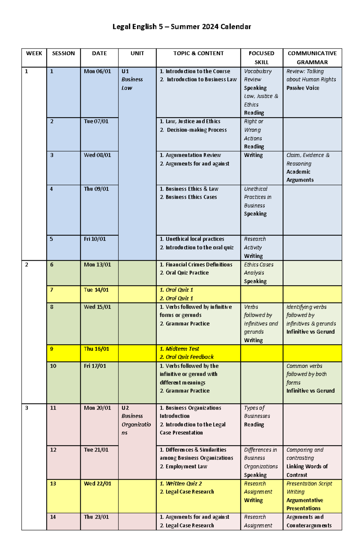 Legal English 5 Summer 2024 Course Calendar and Weekly Topics - Studocu
