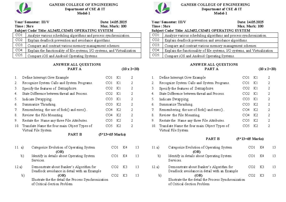 AL3452,CS3451 Operating Systems Lecture Notes and Exam Guide - Studocu