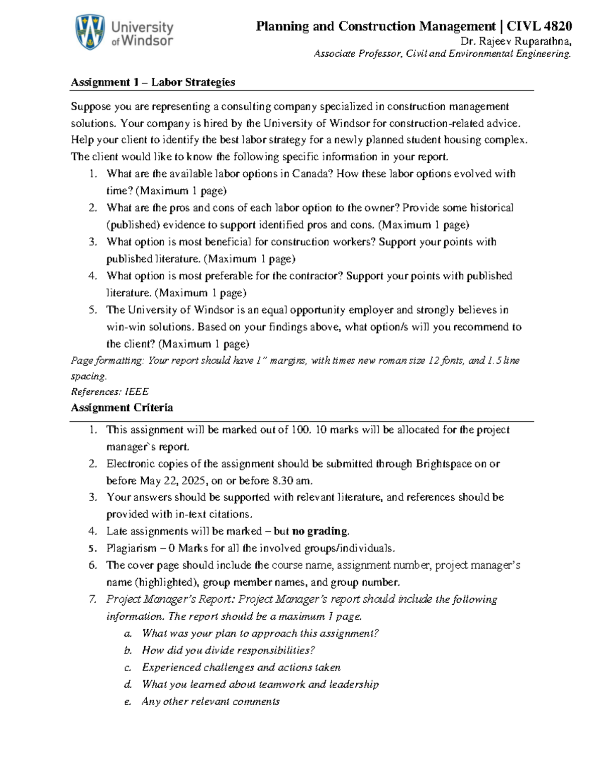 CIVL 4820 - Assignment 1: Labor Strategies for Student Housing Complex ...