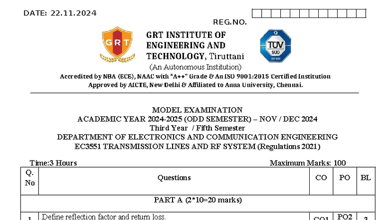 EC3551 Model Exam: Transmission Lines & RF Systems - Nov 2024 - Studocu