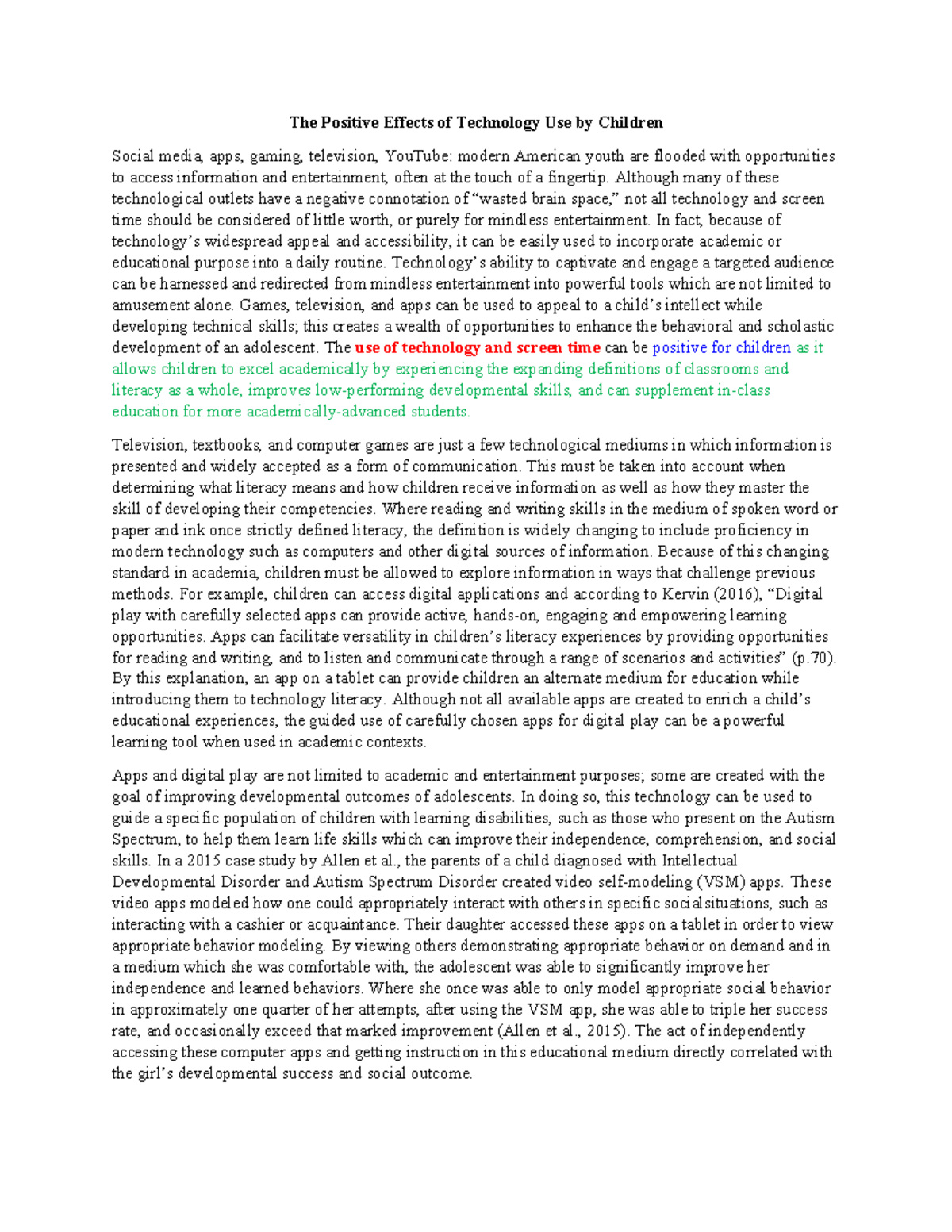 ENG 215: Argumentative Essay on the Positive Impact of Tech on Kids ...
