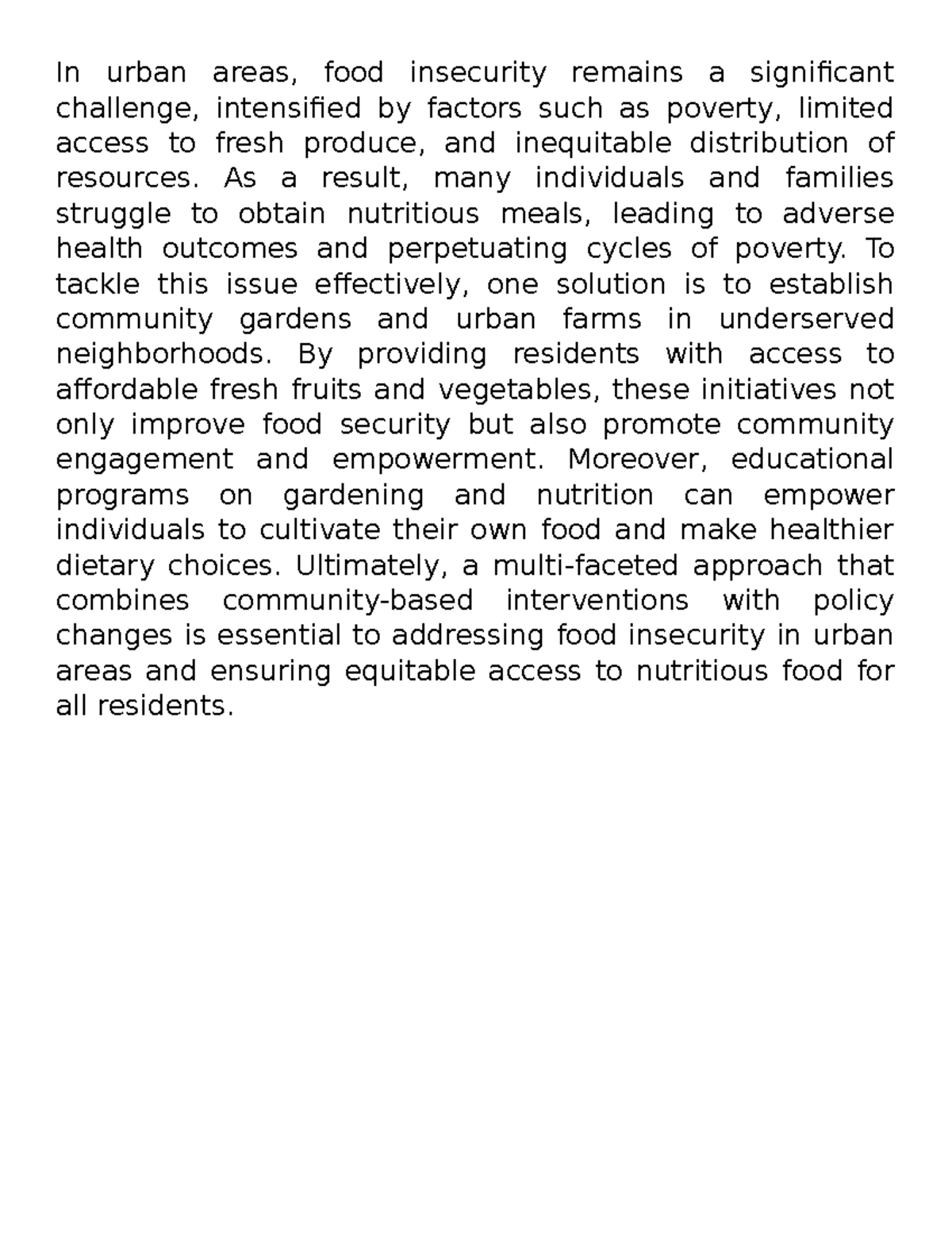 Sample problem and solution - In urban areas, food insecurity remains a ...