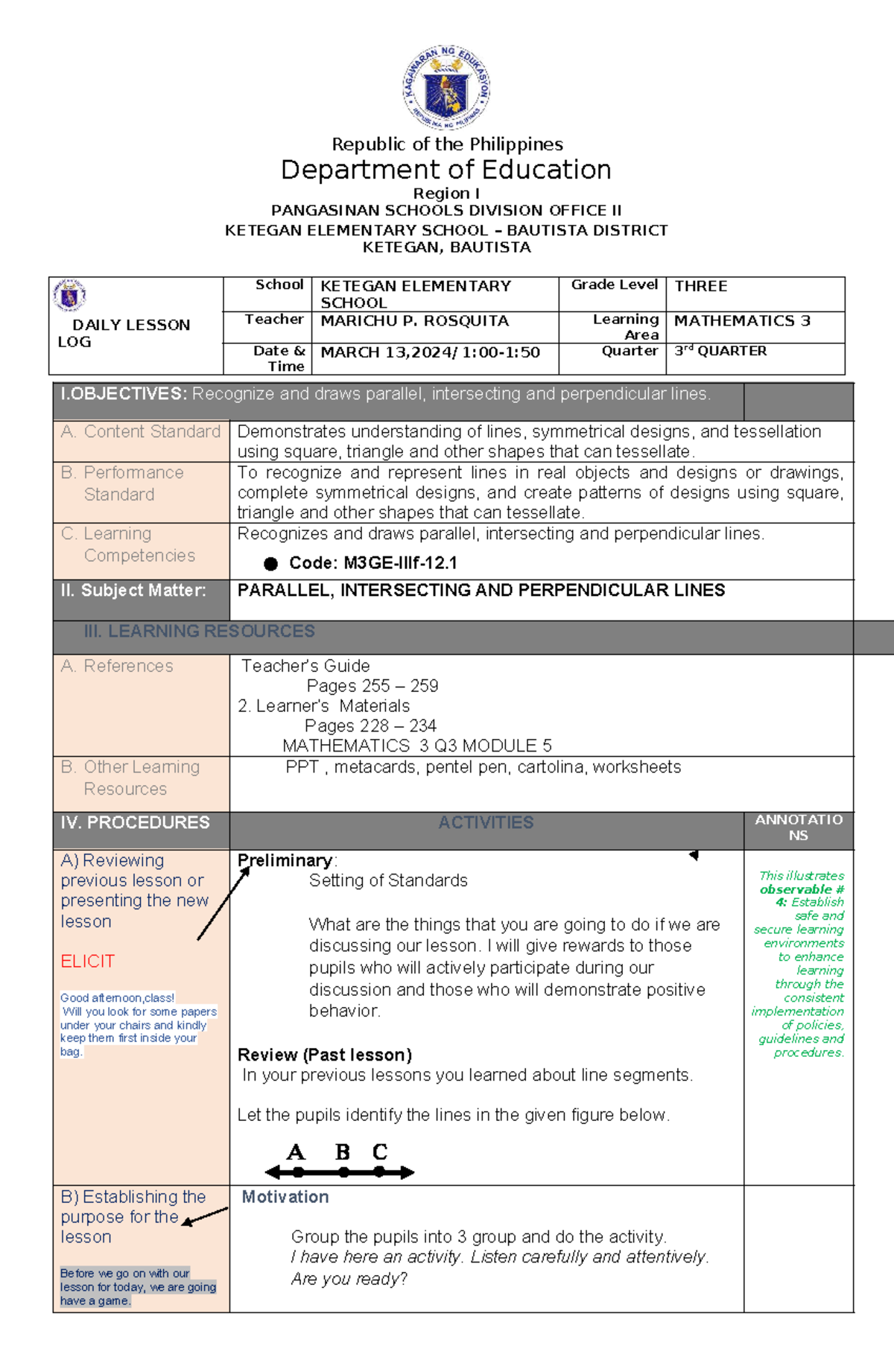 Lesson Plan: Mathematics 3 - Parallel, Intersecting & Perpendicular ...