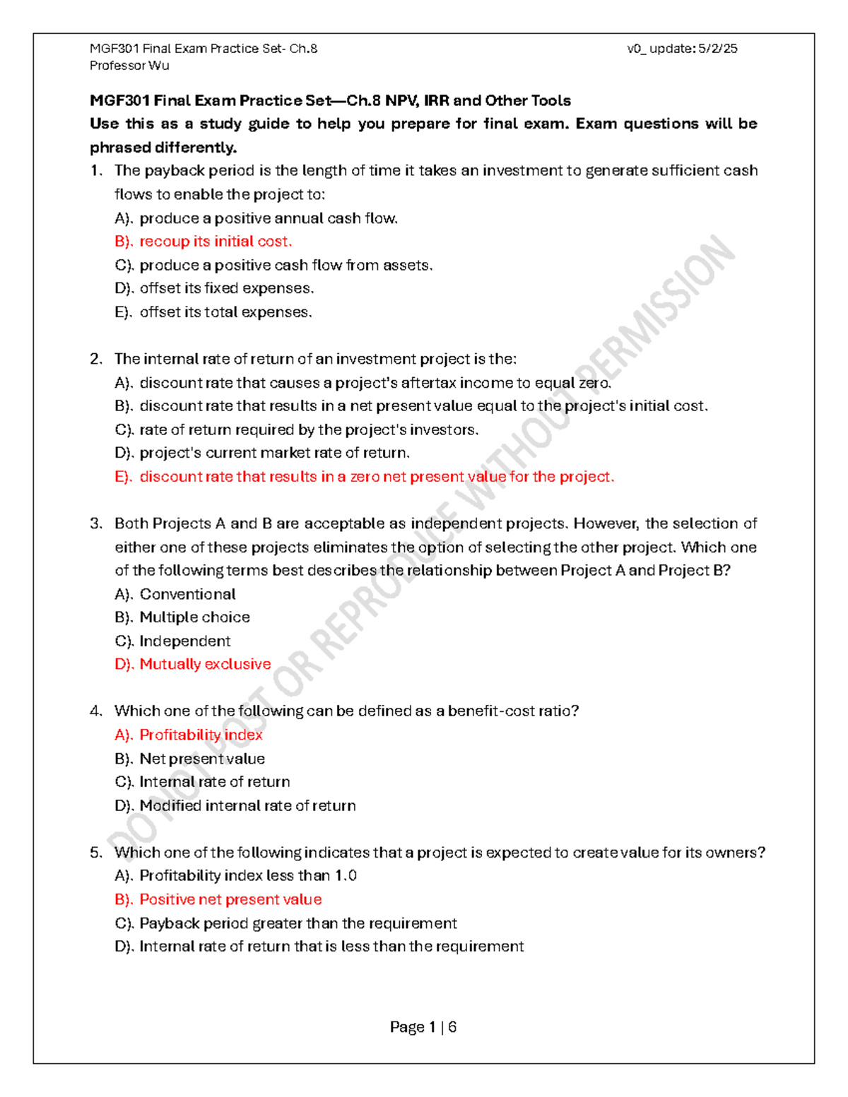MGF301 Final Exam Practice Set - Ch 8: NPV, IRR, & Analysis Tools - Studocu