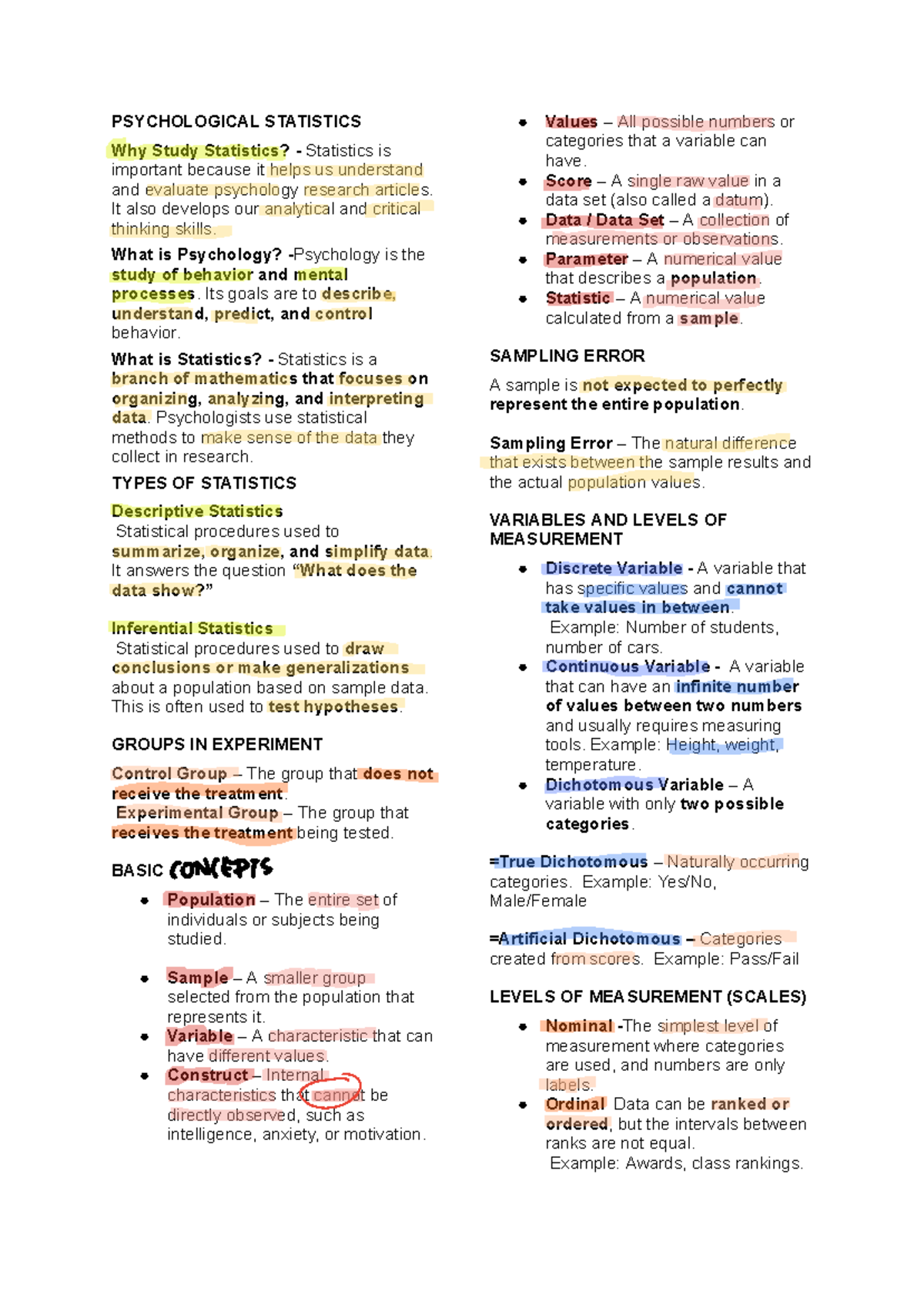 LQ Reviewer: Psychological Statistics Overview and Key Concepts - Studocu