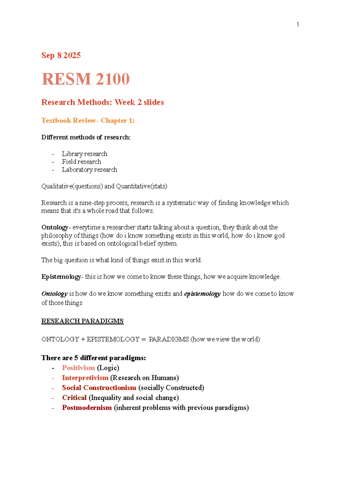 Research Methods Overview: RESM 2100 Week 2 & 4 Slide Summaries - Studocu