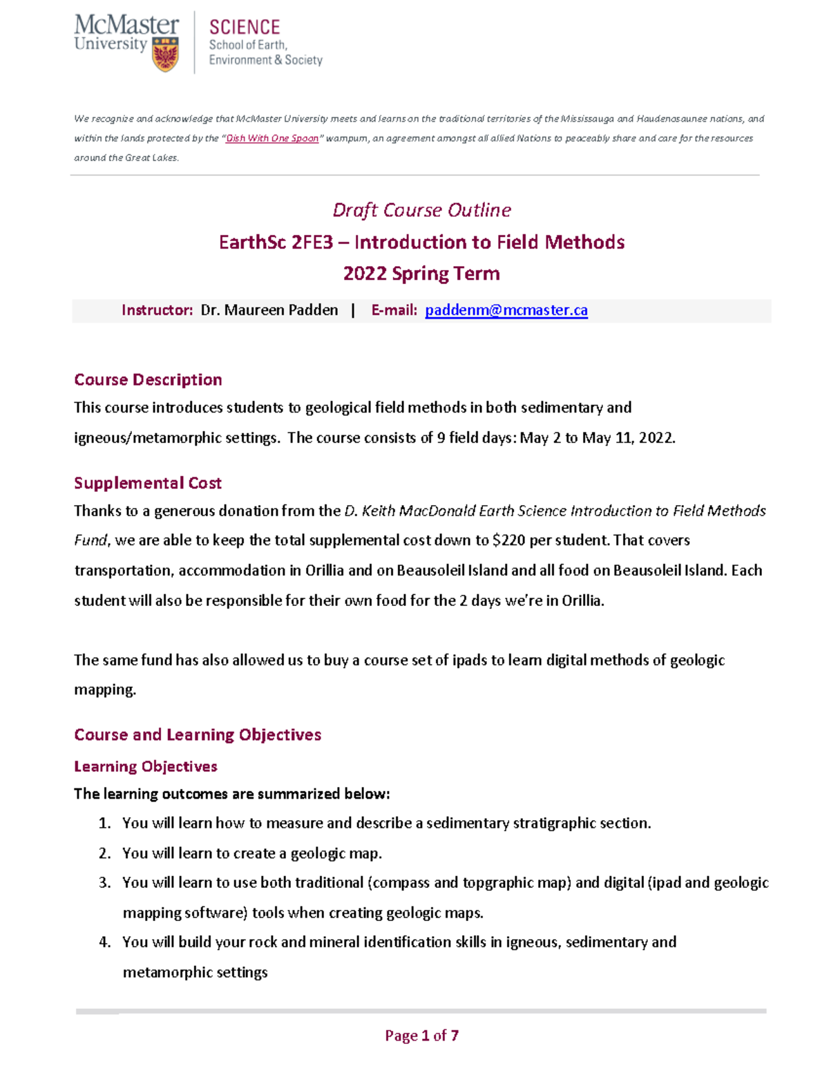 Earth Sc 2FE3 Course Outline Spring 2022 - We recognize and acknowledge ...