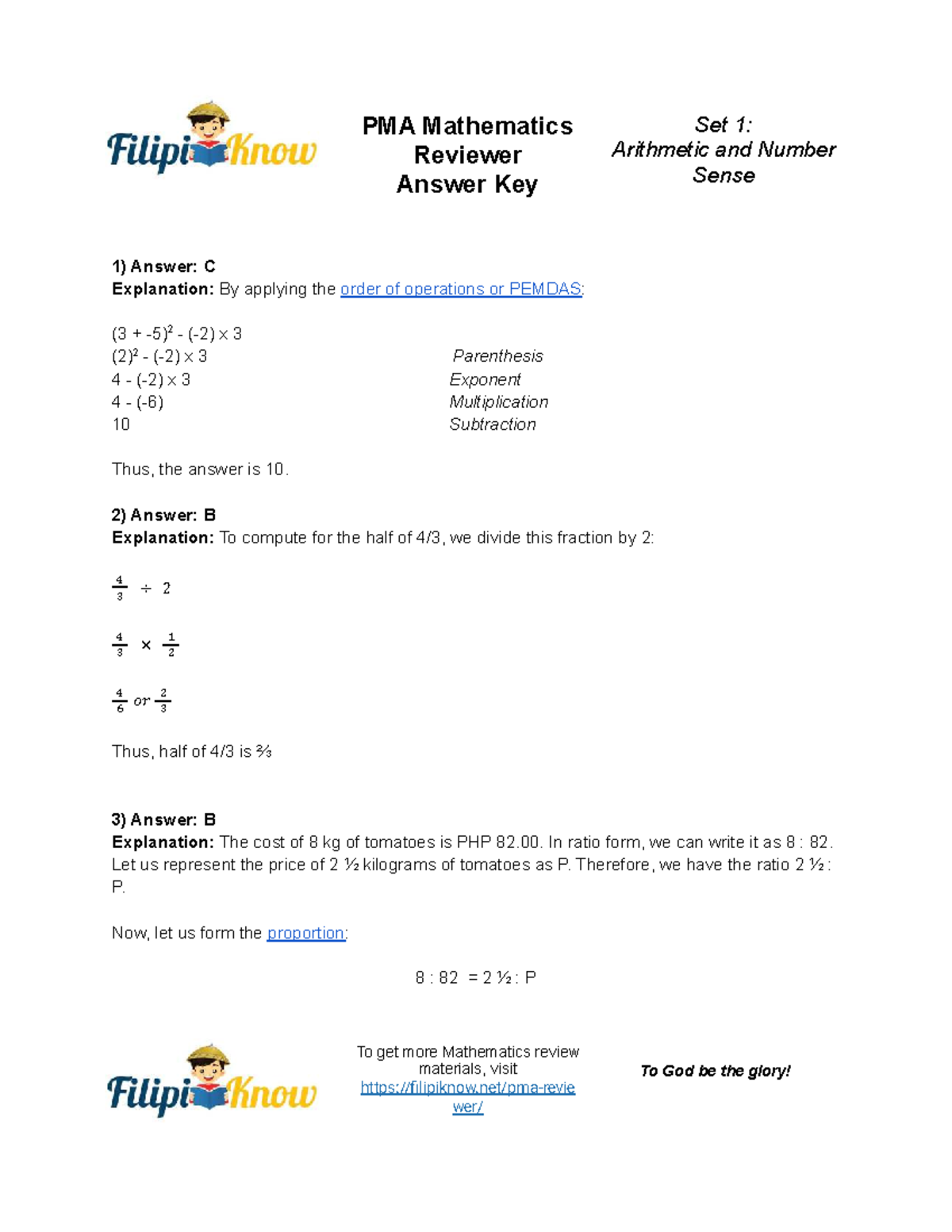 PMA Math Reviewer Set 1 Answer Key: Arithmetic & Number Sense - Studocu