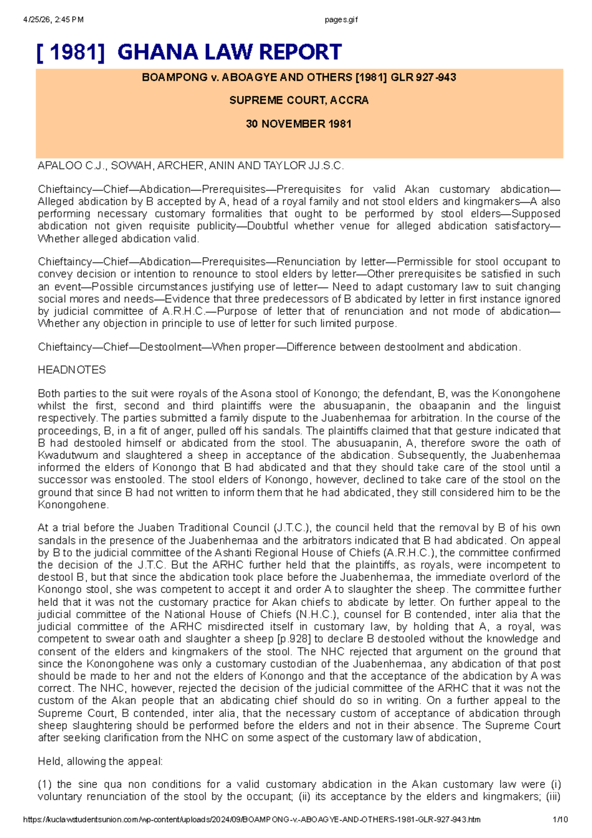 GHANA LAW REPORT: BOAMPONG v. ABOAGYE - Customary Abdication Analysis ...