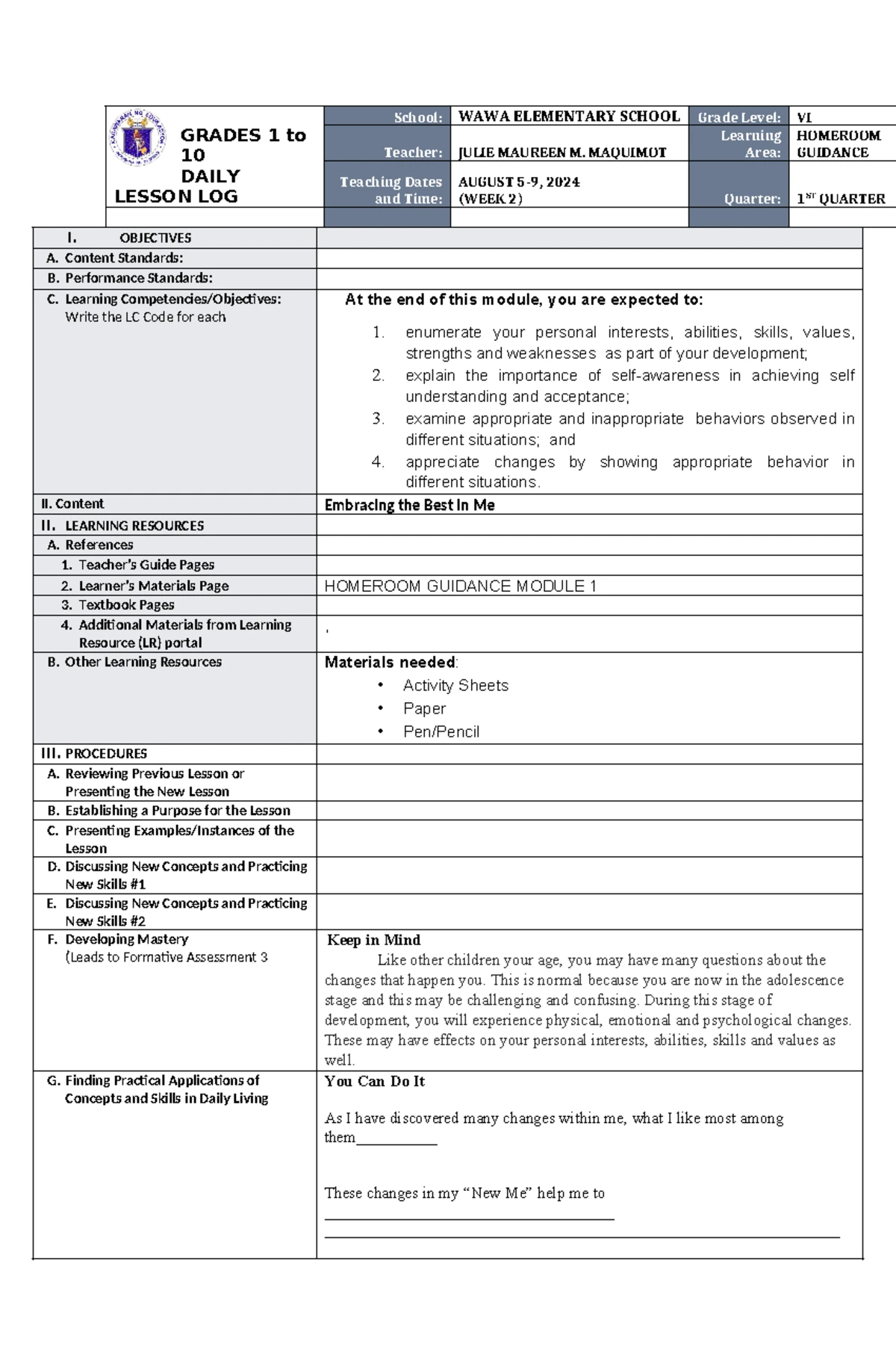 DLL Mapeh 5 Q3 W5 - Daily Lesson Log for Grade 5 - Studocu