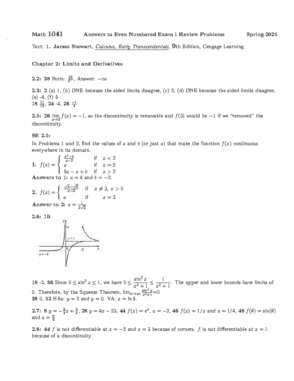 Math 1041 Spring 2025 Exam 1 Review: Even Answers - Studocu