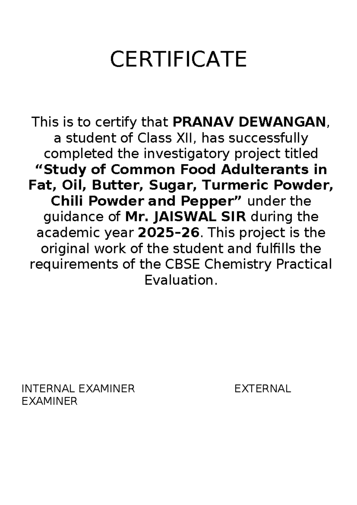 Food Adulteration Project Report - Class 12 Investigatory Study - Studocu