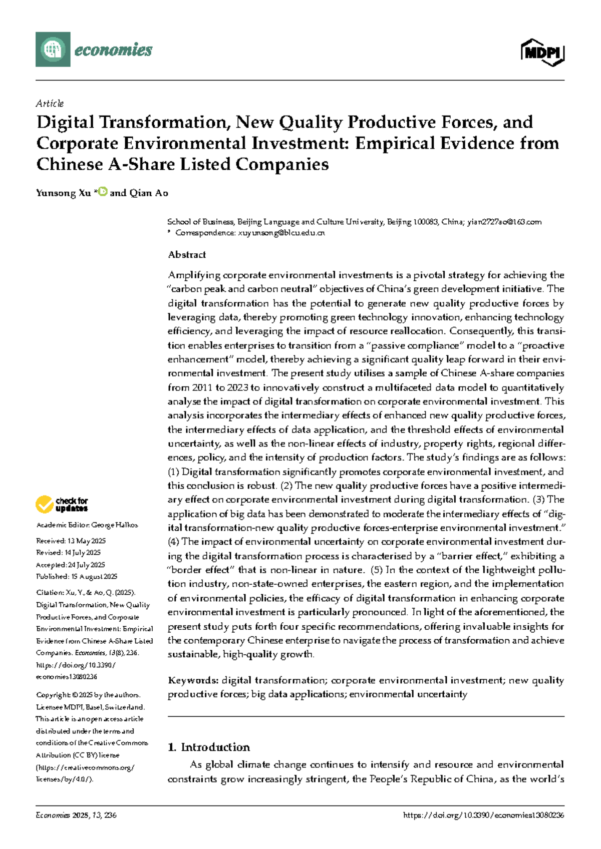 Digital Transformation and Corporate Environmental Investment: Evidence ...
