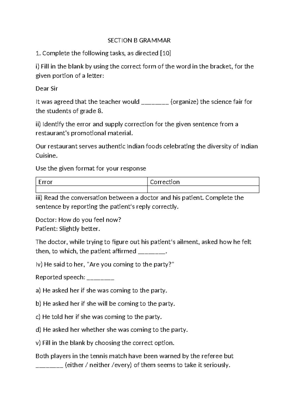 Section B Grammar - SECTION B GRAMMAR Complete the following tasks, as ...