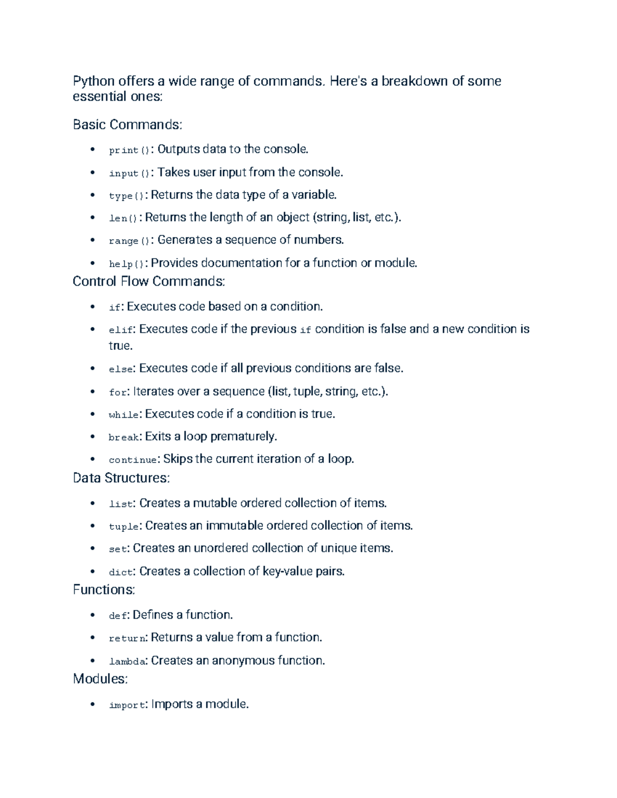 Python Commands Overview: Essential Functions and Control Flow - Studocu