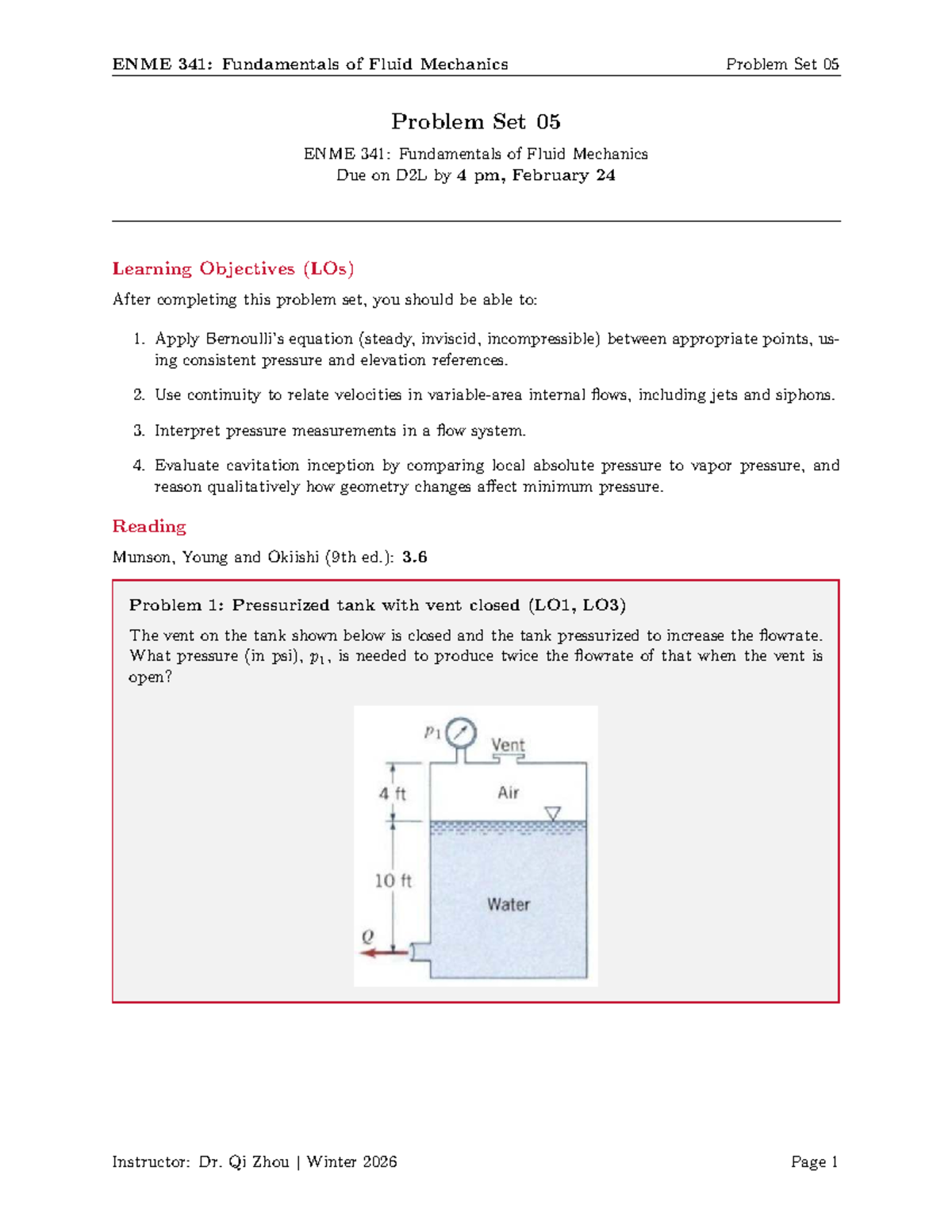 ENME 341: Fluid Mechanics Problem Set 05 - Winter 2026 - Studocu