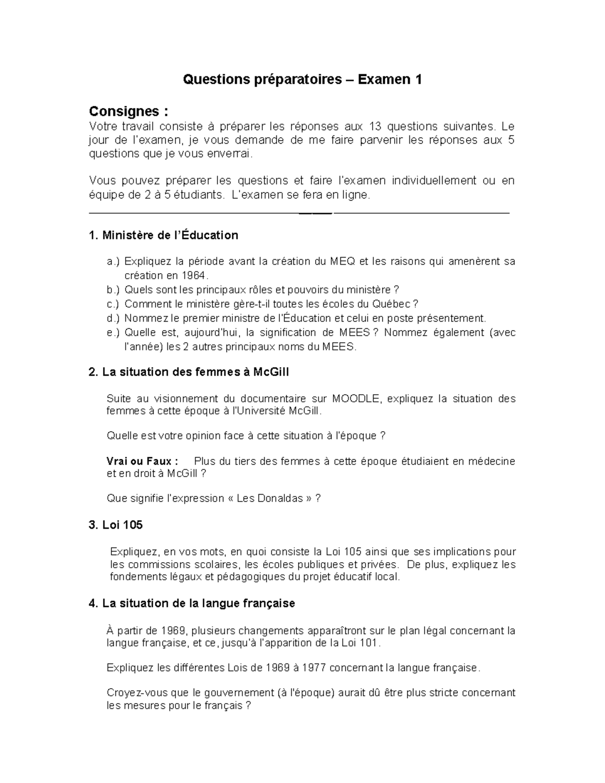 Examen 1: Questions Préparatoires et Consignes de Réponse - Studocu