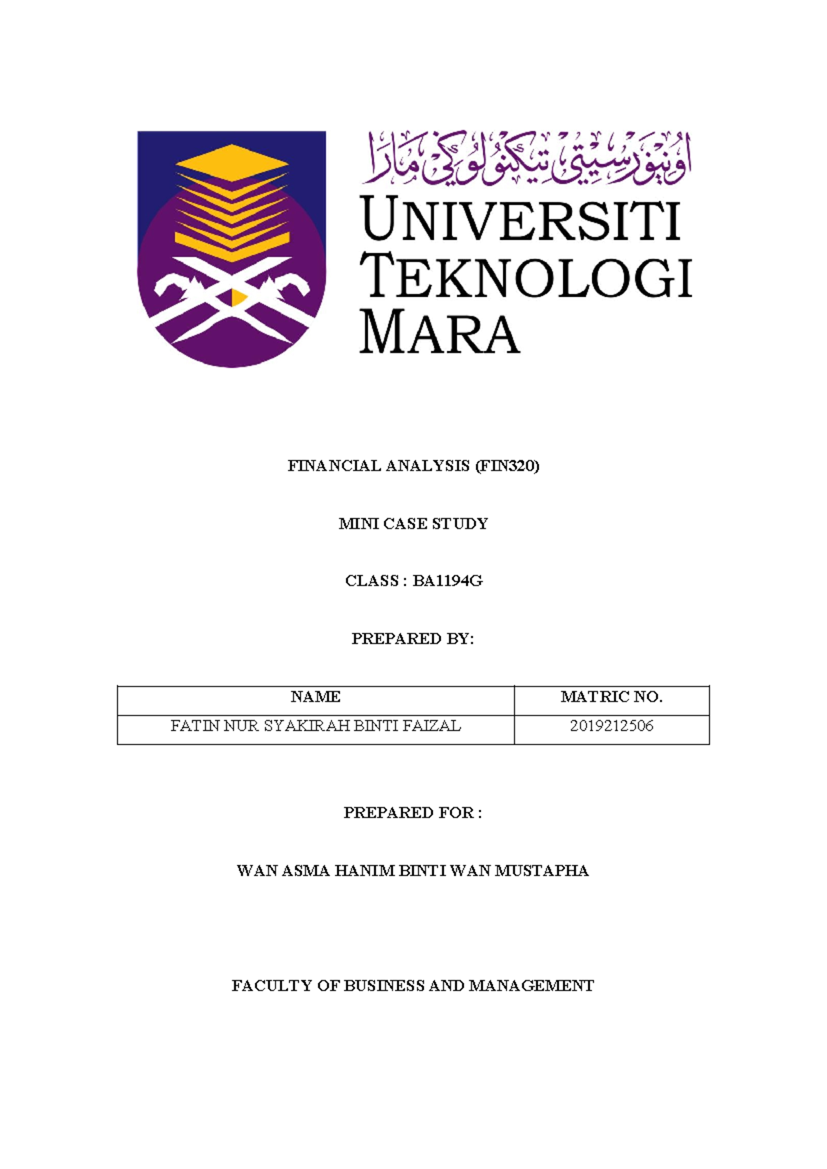 FIN 320 Case Study: Financial Analysis Calculations and Results - Studocu