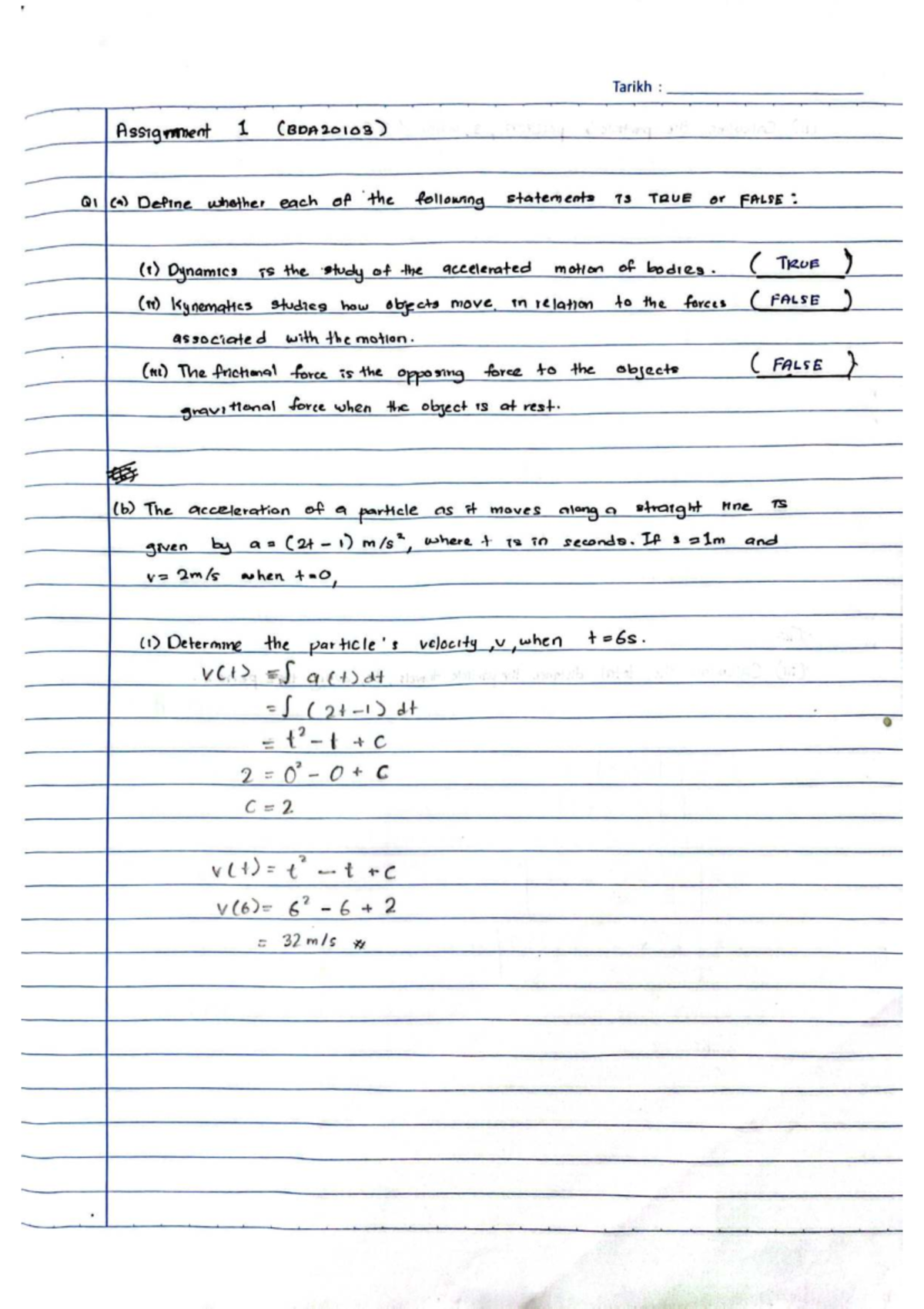 Dynamic Analysis: Assignment 1 (BDA20103) on Motion and Acceleration ...