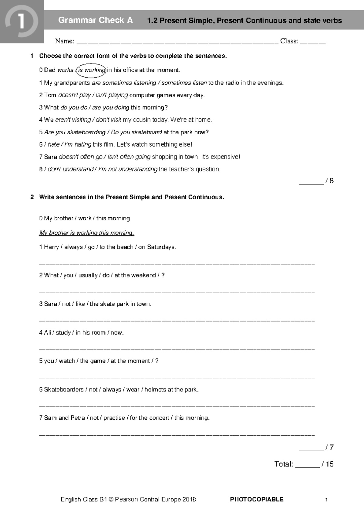 ECB1 Grammar Check 1: Present Simple & Continuous Exercises - Studocu