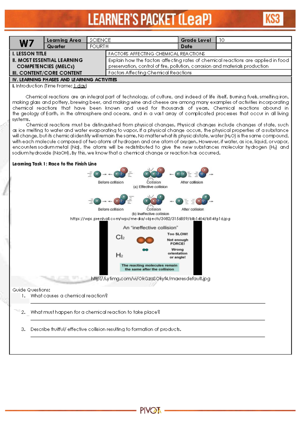 Q4 Science 10 Week 7: Factors affecting chemical reactions and their ...