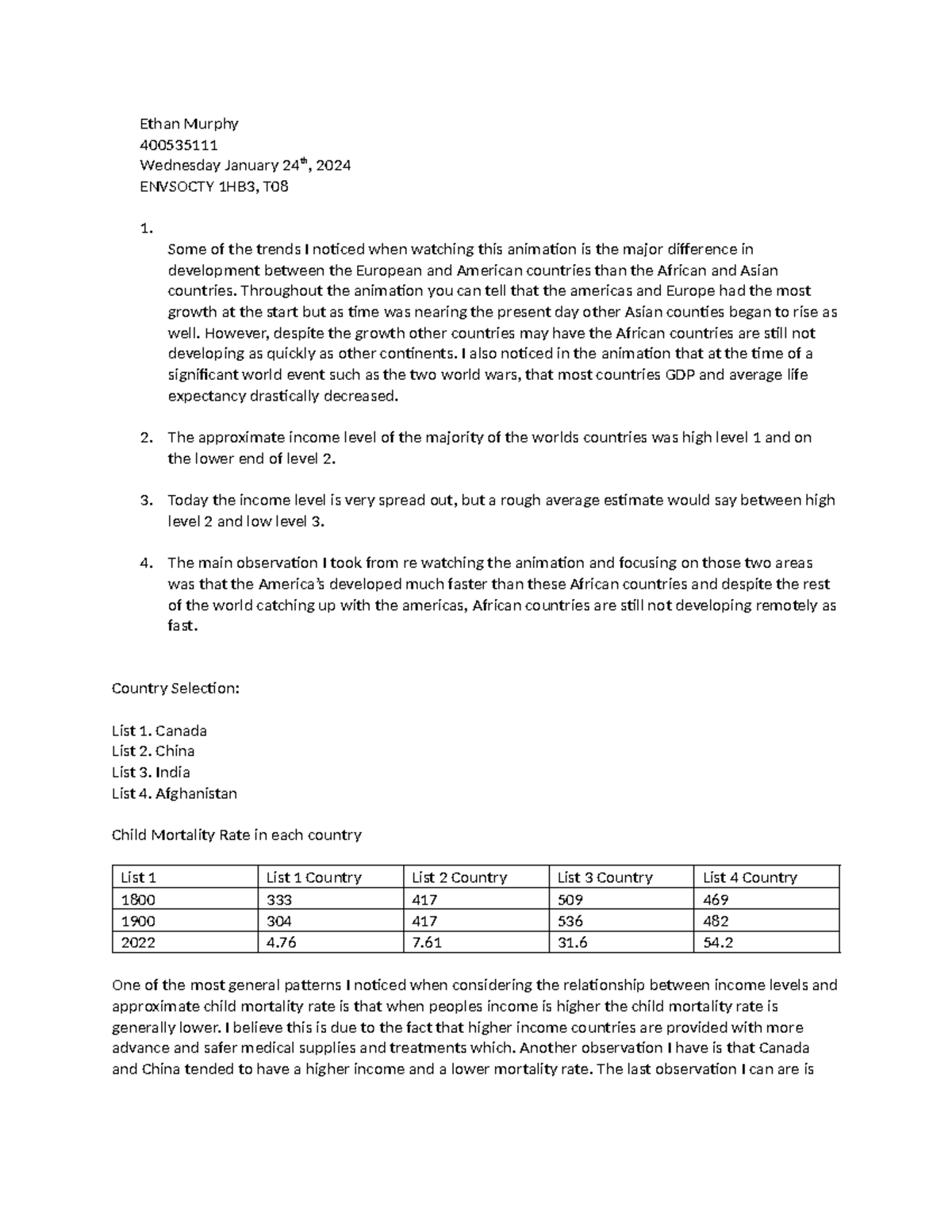 ENVSOCTY 1HB3 Tutorial 1 Assignment Overview and Observations - Studocu