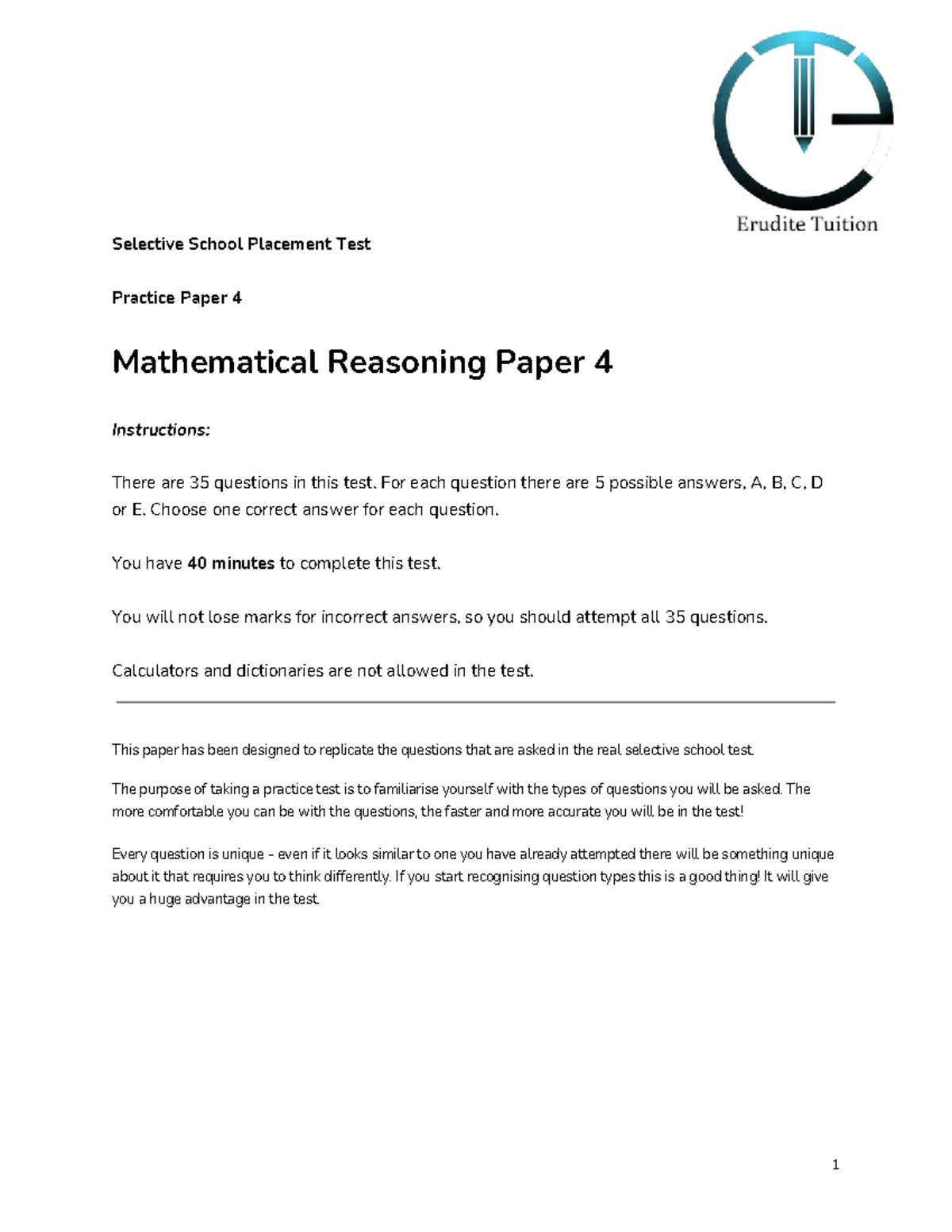 Selective School Mathematics Sample Test 4: Mathematical Reasoning ...