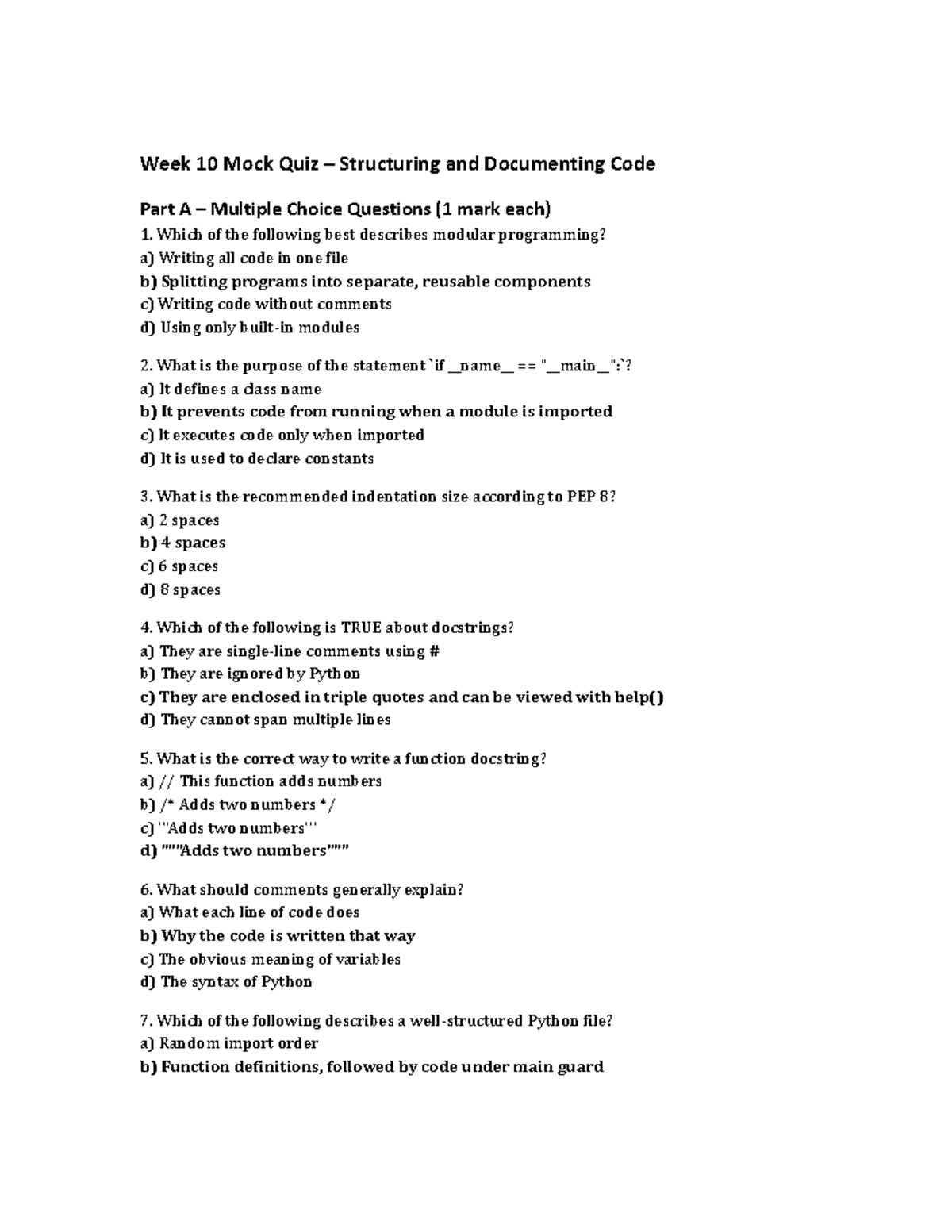 Week 10 Mock Quiz: Structuring & Documenting Code (FIN 101) - Studocu