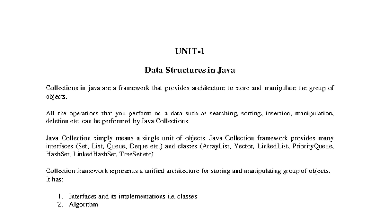 BDA UNIT-1: Overview of Java Data Structures and Collections - Studocu