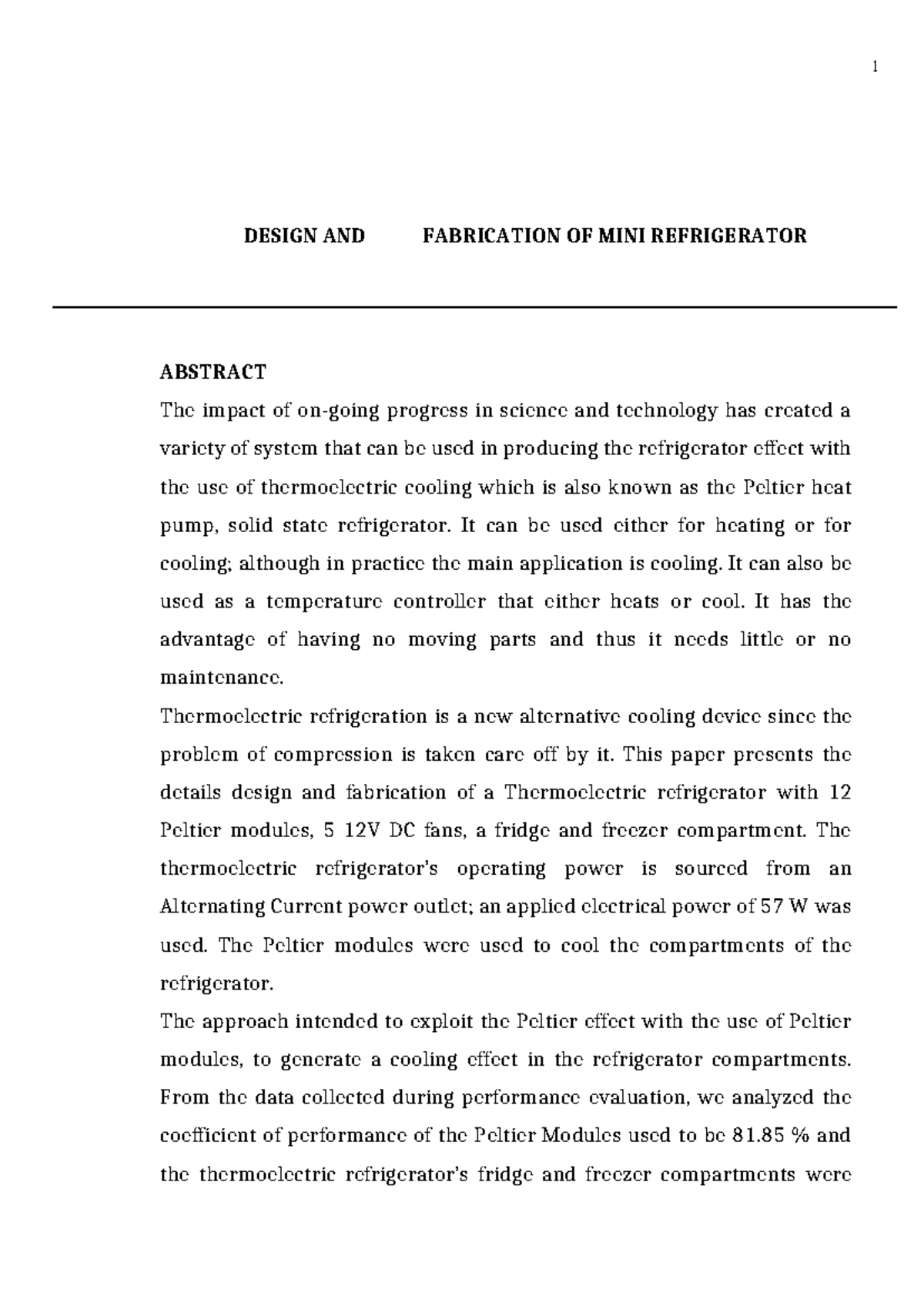 Design and Fabrication of Mini Refrigerator: A Thermoelectric Approach ...