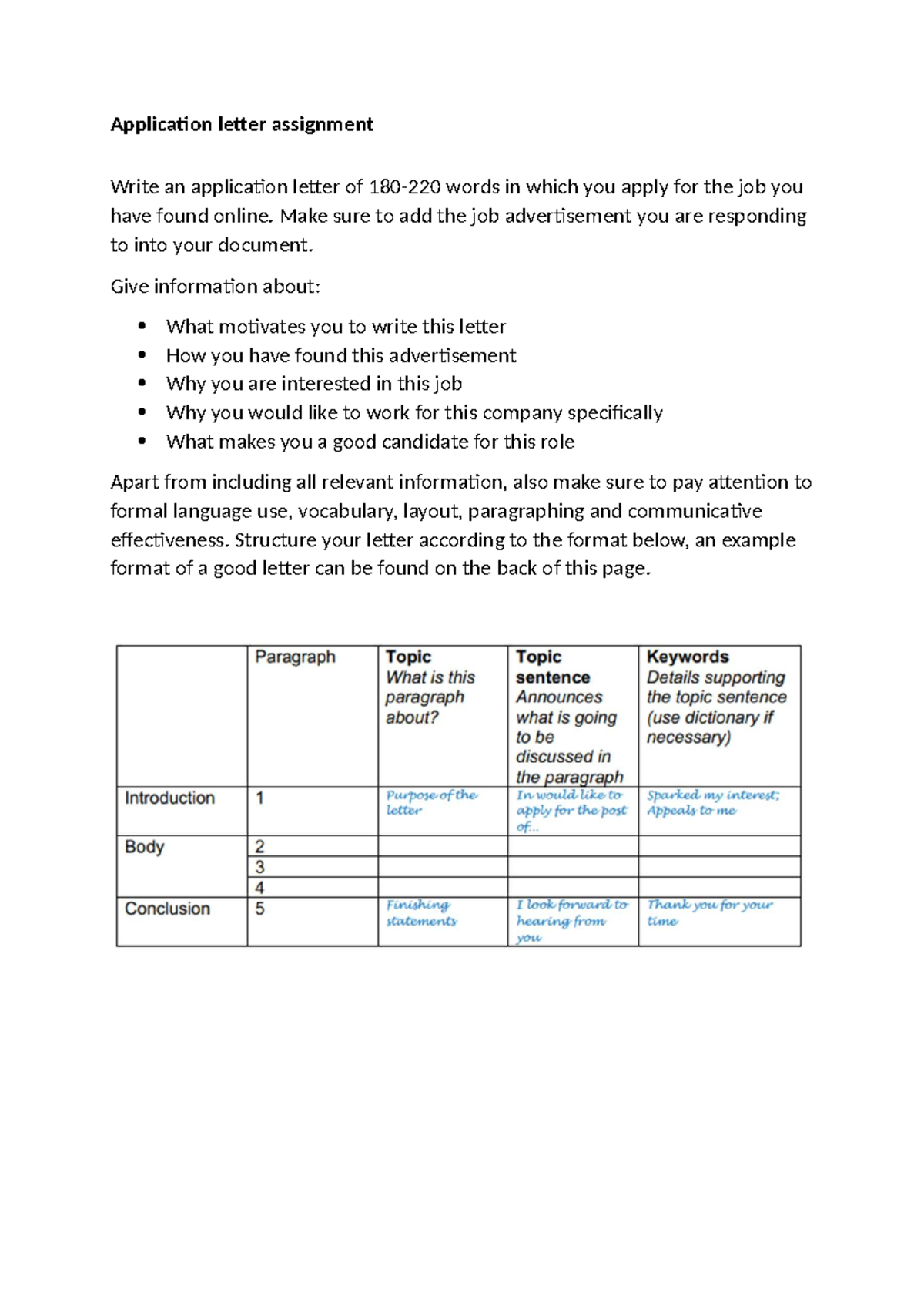 Application Letter Assignment: Job Application Guide - Studeersnel