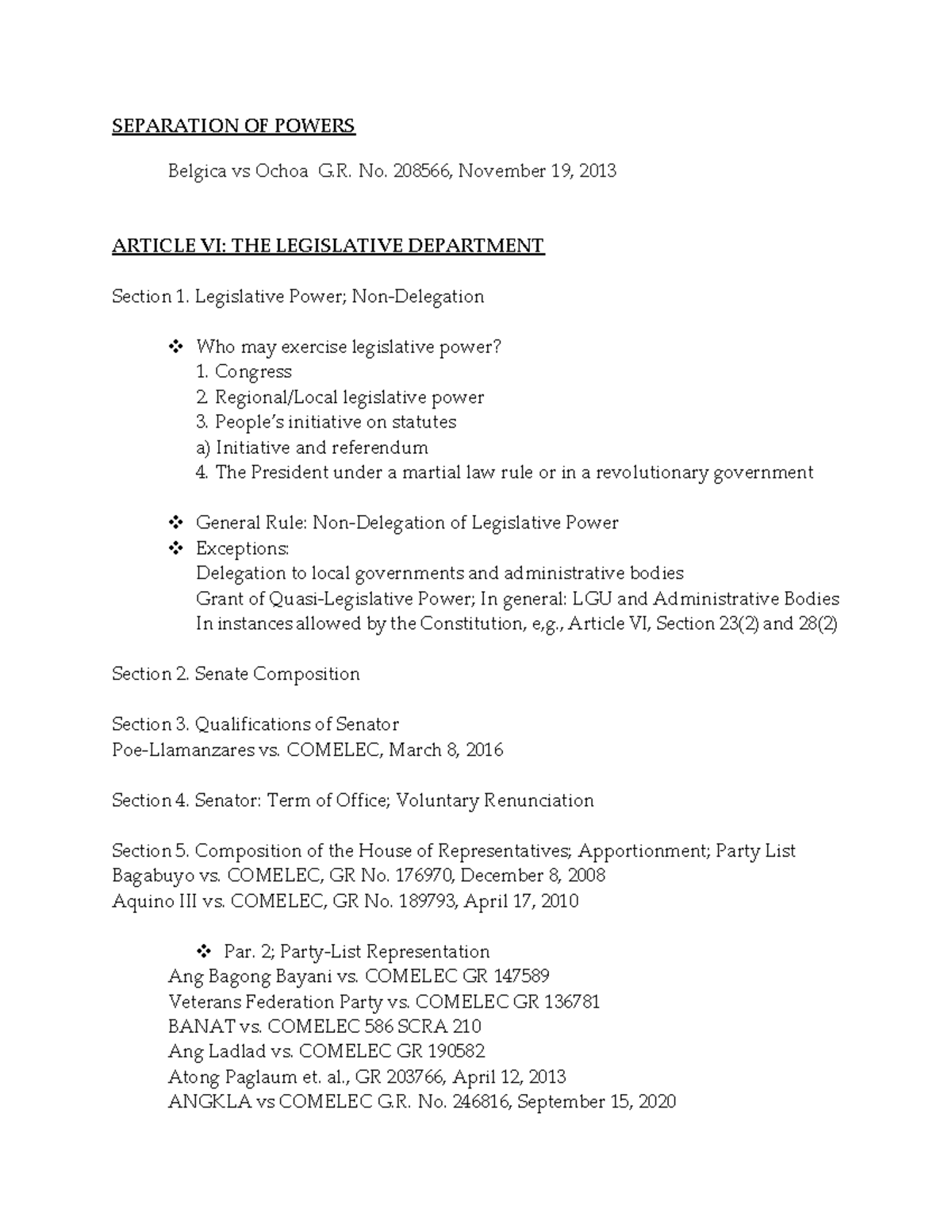 Constitutional Law I: Legislative Power and Separation of Powers Notes ...