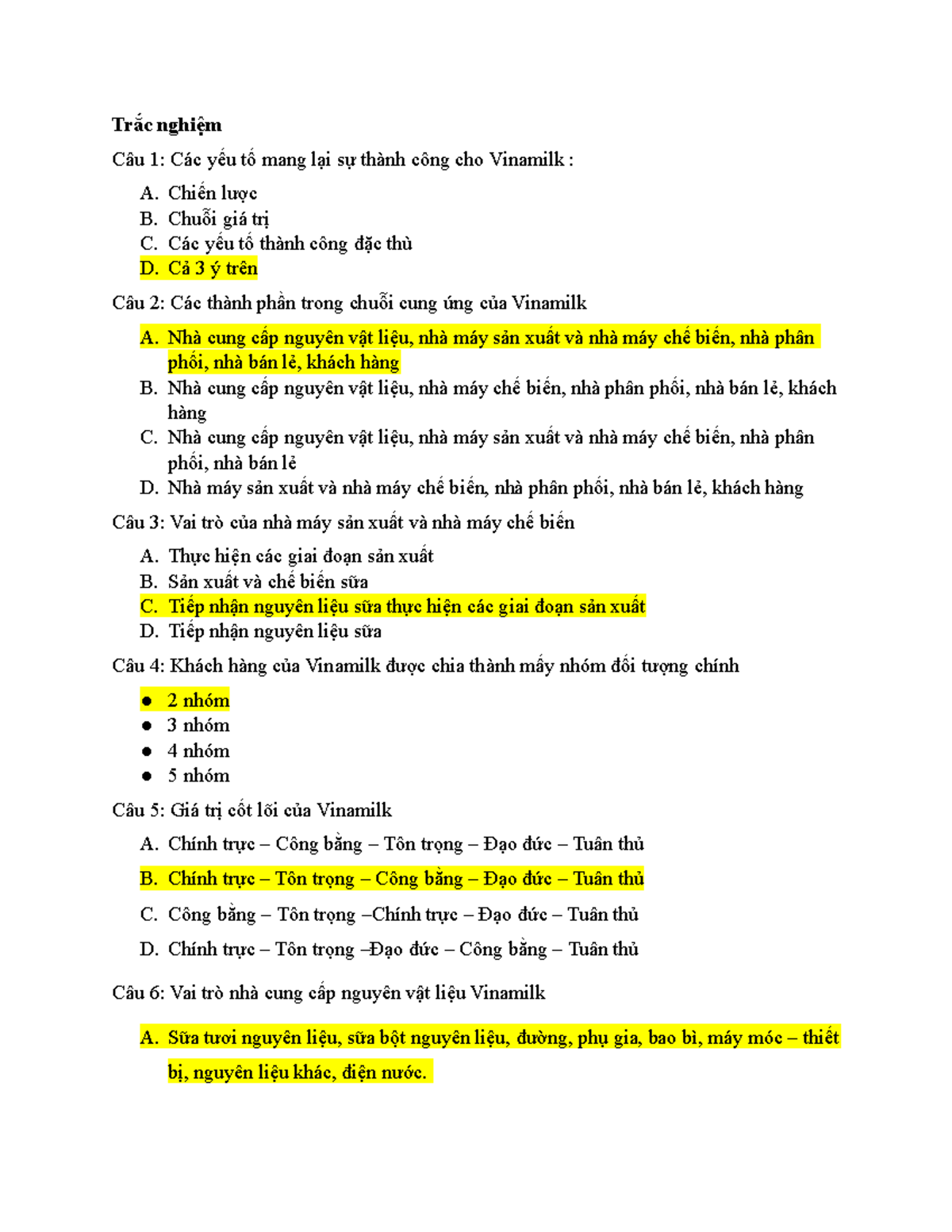 Trắc nghiệm về Vinamilk: Câu hỏi và đáp án chi tiết - Document Preview