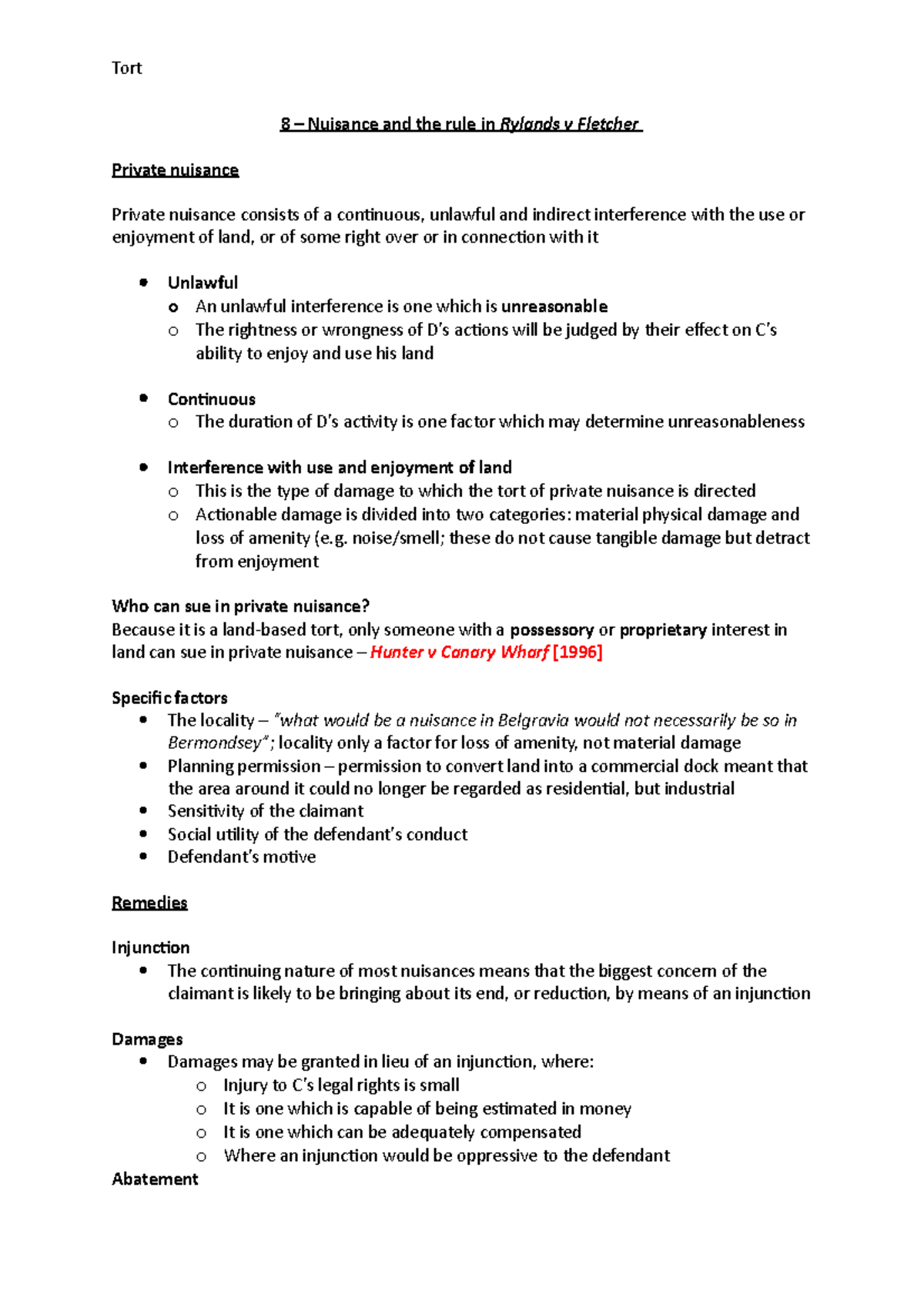 8 – Nuisance and the rule in Rylands v Fletcher - these do not cause ...